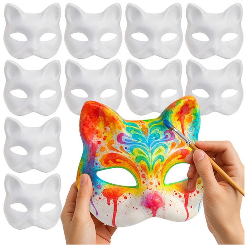 Ruhhy Verkleidungsmaske Katzengesichtsmaske DIY, (Spar-Set, 10-tlg., bemalen), Angenehm zu tragen dank weichem, flexiblem Material