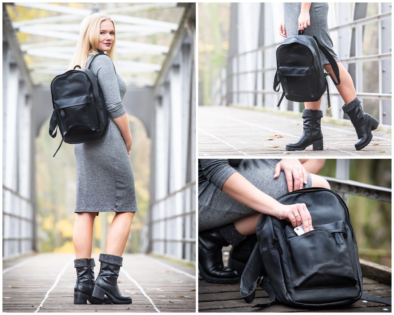 LECONI Freizeitrucksack Rucksack Lederrucksack DIN A4 Damen Herren Echt Leder LE1009, Gewachstes Rindsleder - Rückfach mit Zipper - 30×40×12 cm