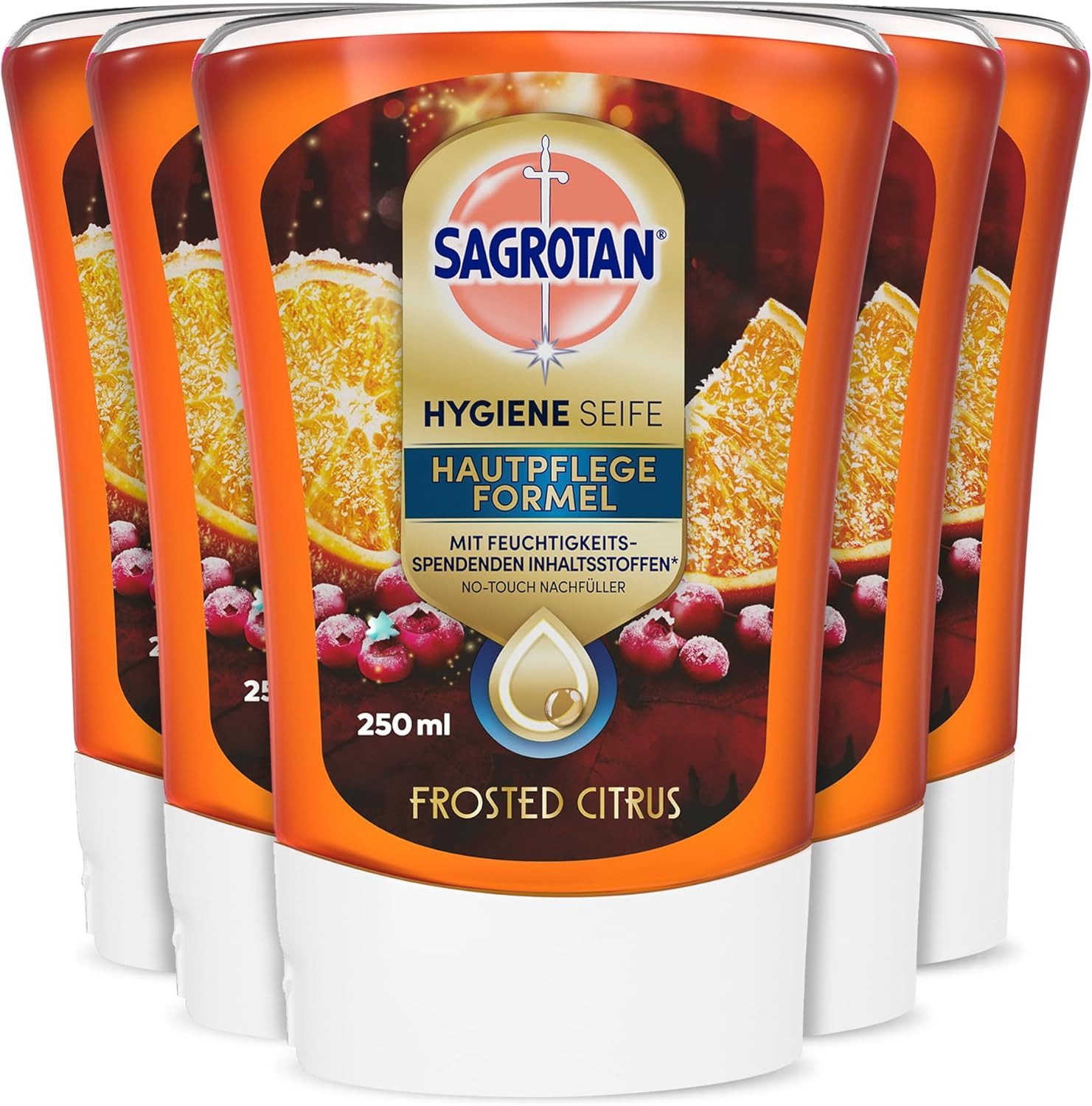 SAGROTAN Flüssigseife 5x Sagrotan Hygiene Seife Hautpflege Formel, Frosted Citrus 250ml, 5-tlg., Limitierte Edition