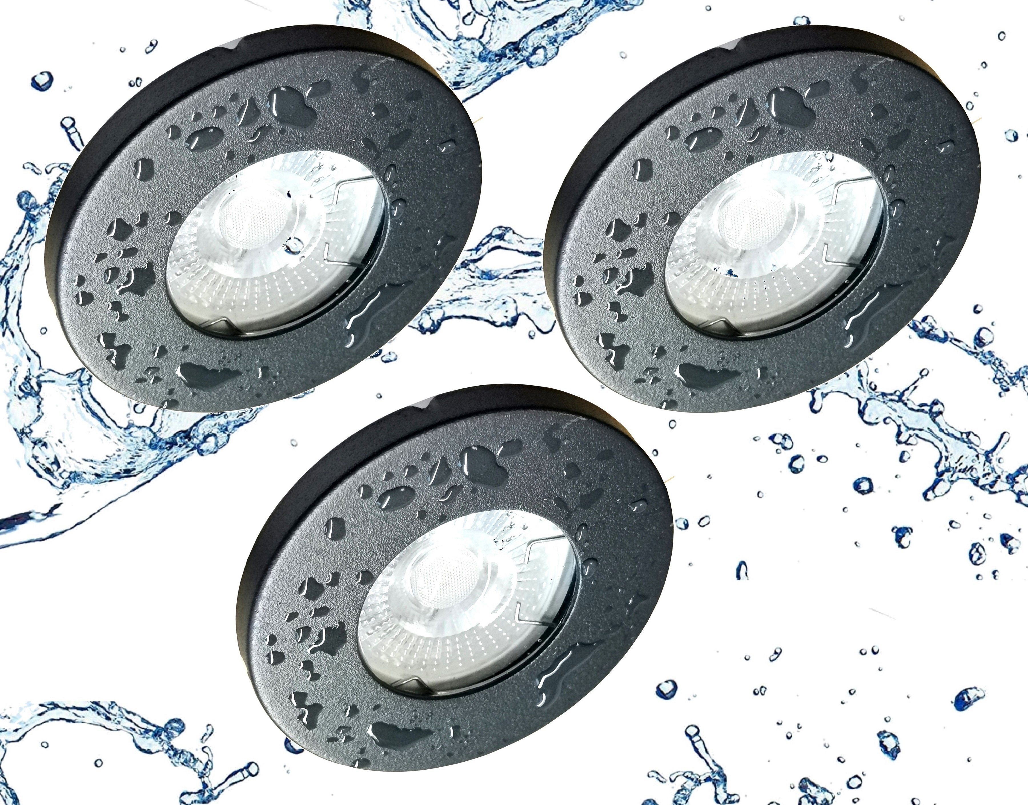 TRANGO LED Einbauleuchte, 3er Set 6729IP65-031MCOBSD IP65 LED Einbaustrahler in Anthrazit matt inkl. 3x 5 Watt 3-Stufen dimmbar 3000K warmweiß Ultra Flach LED Modul, Dusche, Bad Einbauleuchte, Deckenstrahler, Deckenlampe