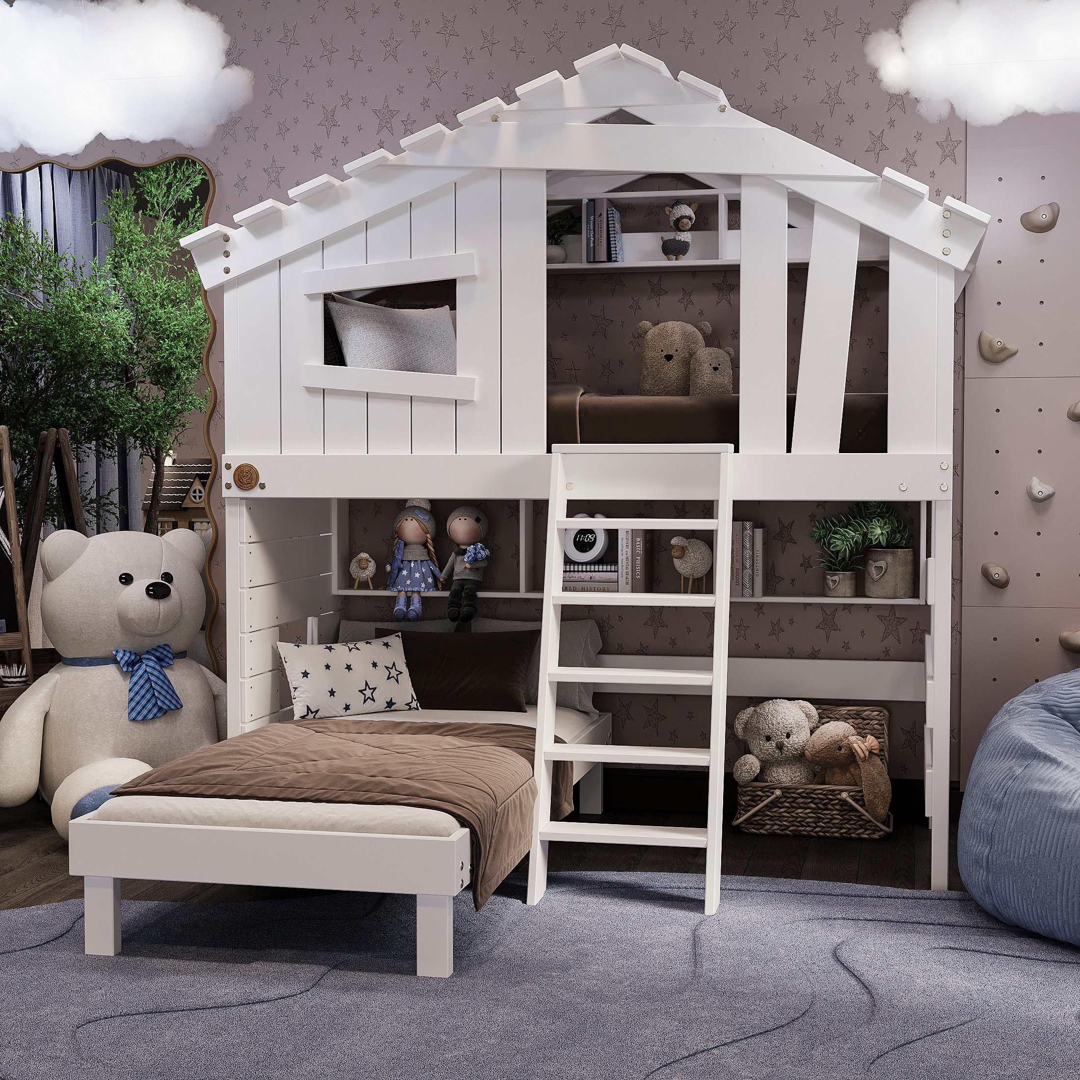 bibex Hochbett ALPIN CHALET Hochbett, Kinderbett, Etagenbett - Creme-Beige