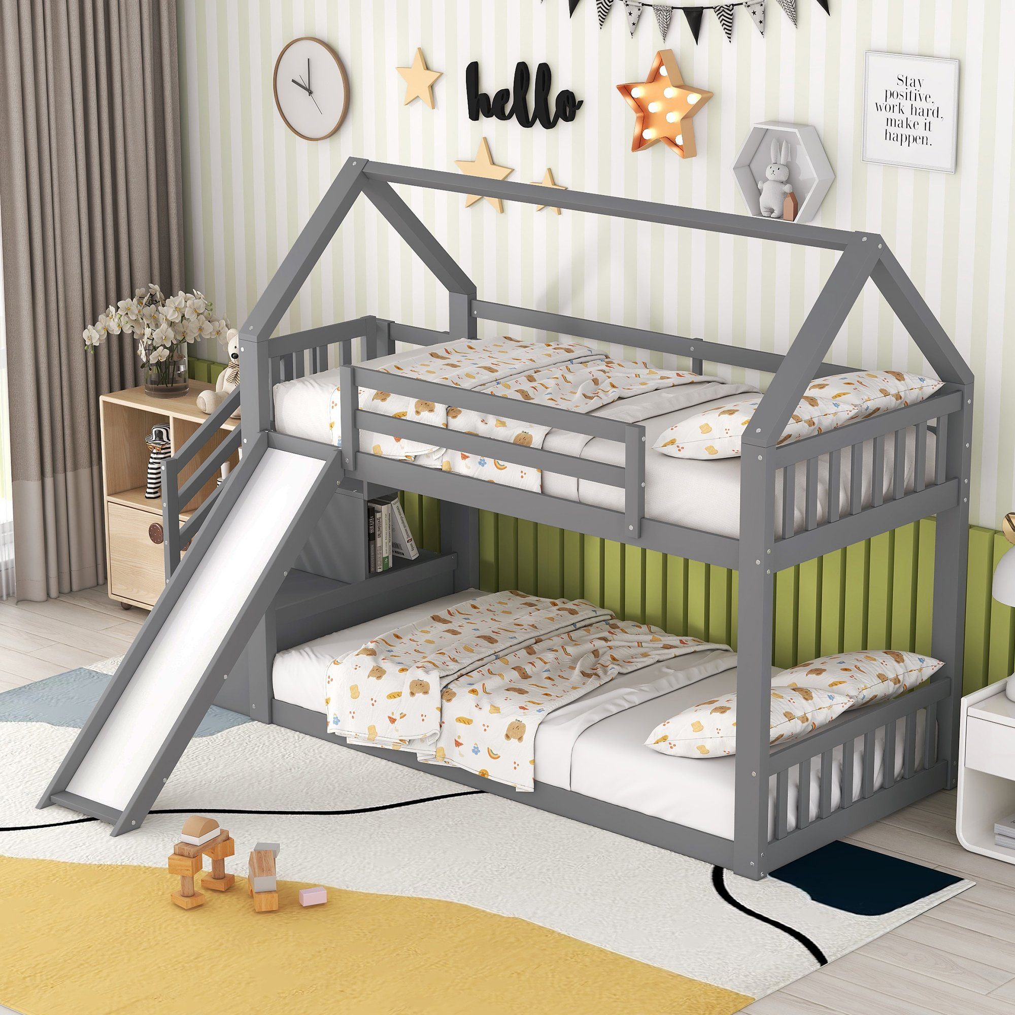 Bett Geländer (mit Hausbett, Etagenbett mit Ohne Rutsche, grau REDOM Stauraumtreppe und Kinderbett Matratze 90x200cm),