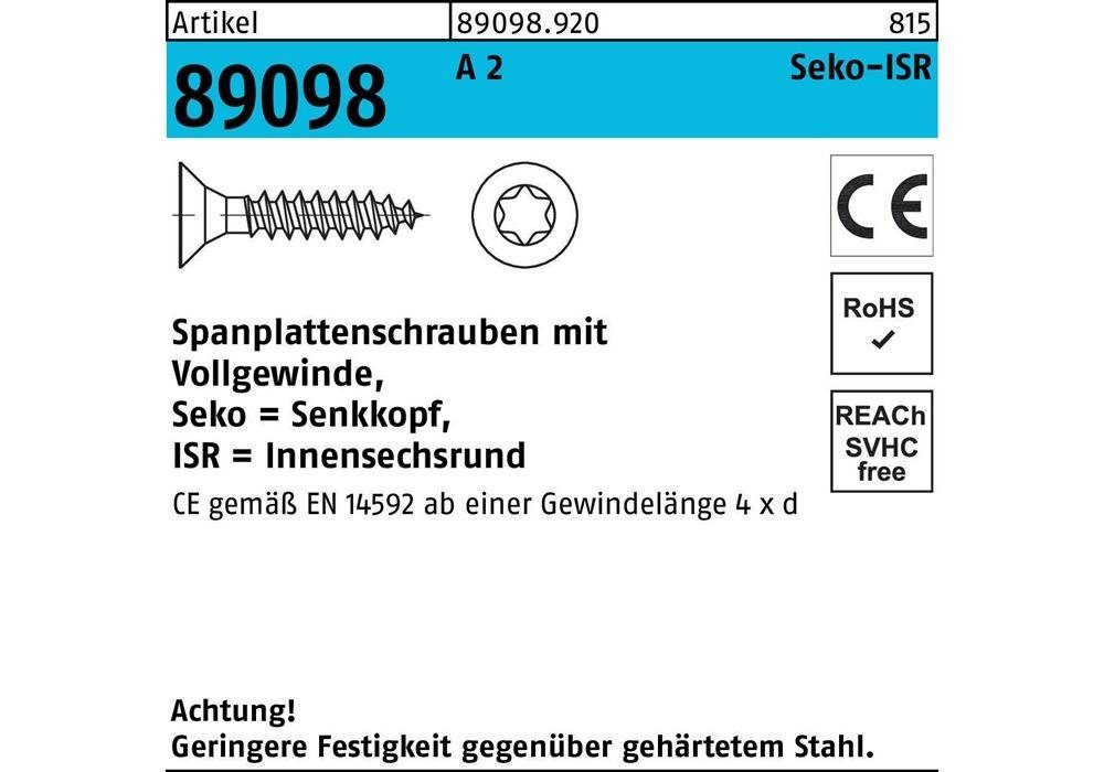 Sechskant-Holzschraube Spanplattenschraube R 89098 SEKO Innensechsrund VG 4,5 x 35 -T20 A 2