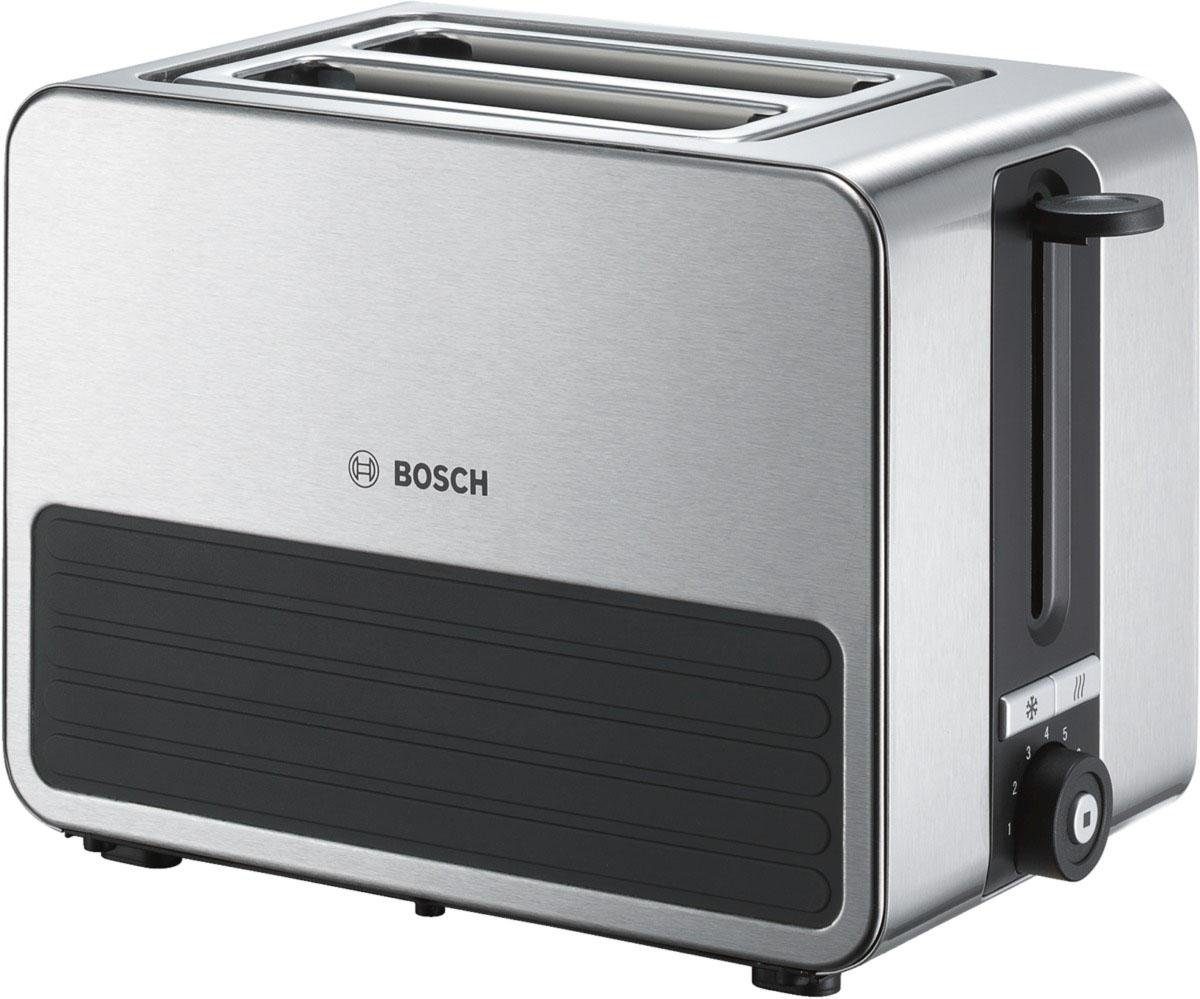 BOSCH Toaster TAT7S25, integrierter Edelstahl-Brötchenaufsatz, mit Abschaltautomatik, 2 kurze Schlitze, für 2 Scheiben, 1050 W, Auftaufunktion, ideal für 2 Scheiben Toast, Schwarz/Grau