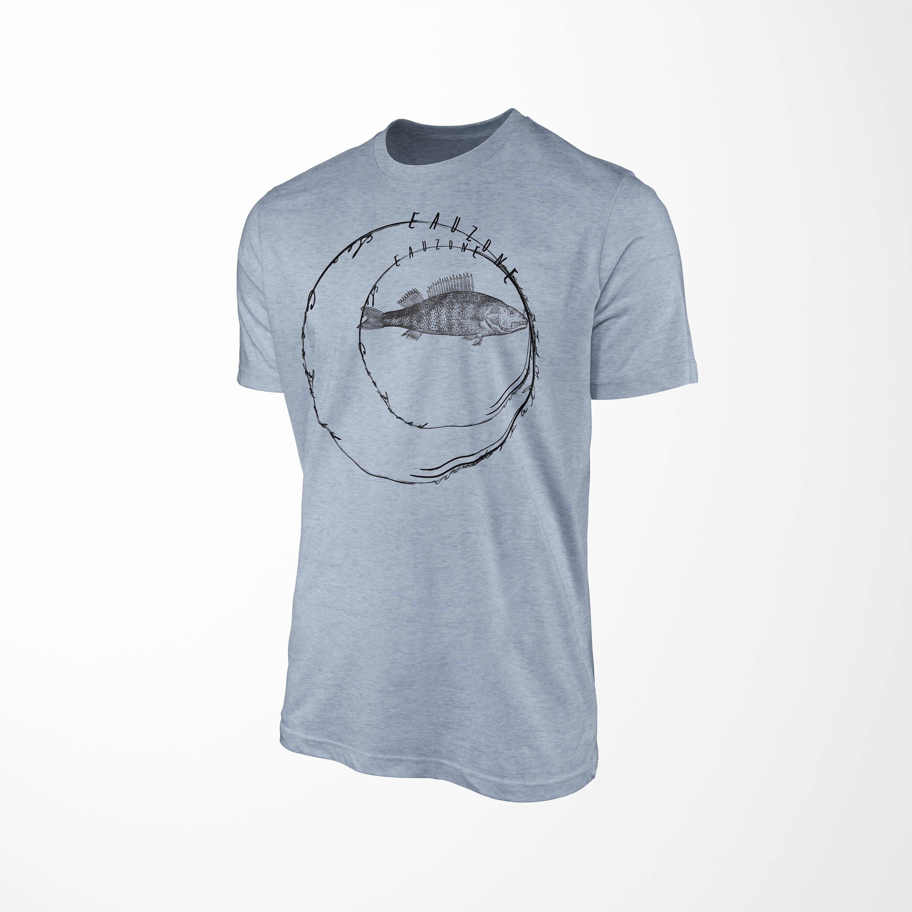 und sportlicher Denim Schnitt - 076 T-Shirt feine Serie: Sinus Stonewash Struktur Sea / Fische Art Creatures, T-Shirt Tiefsee Sea