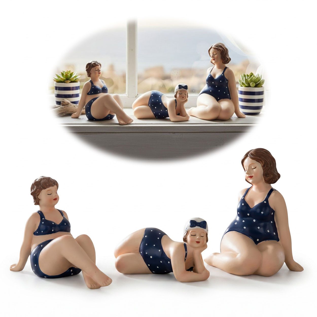 LS-LebenStil Dekofigur Set 3x Badenixe Figur Molly Maritim Blau Weiß Badefiguren (1 St., Maritime Stranddamen, Die Molly´s sind wahre Eyecatcher), 3-fach mollige Rubensfrauen im Retro Badeanzug, Deko im Badezimmer