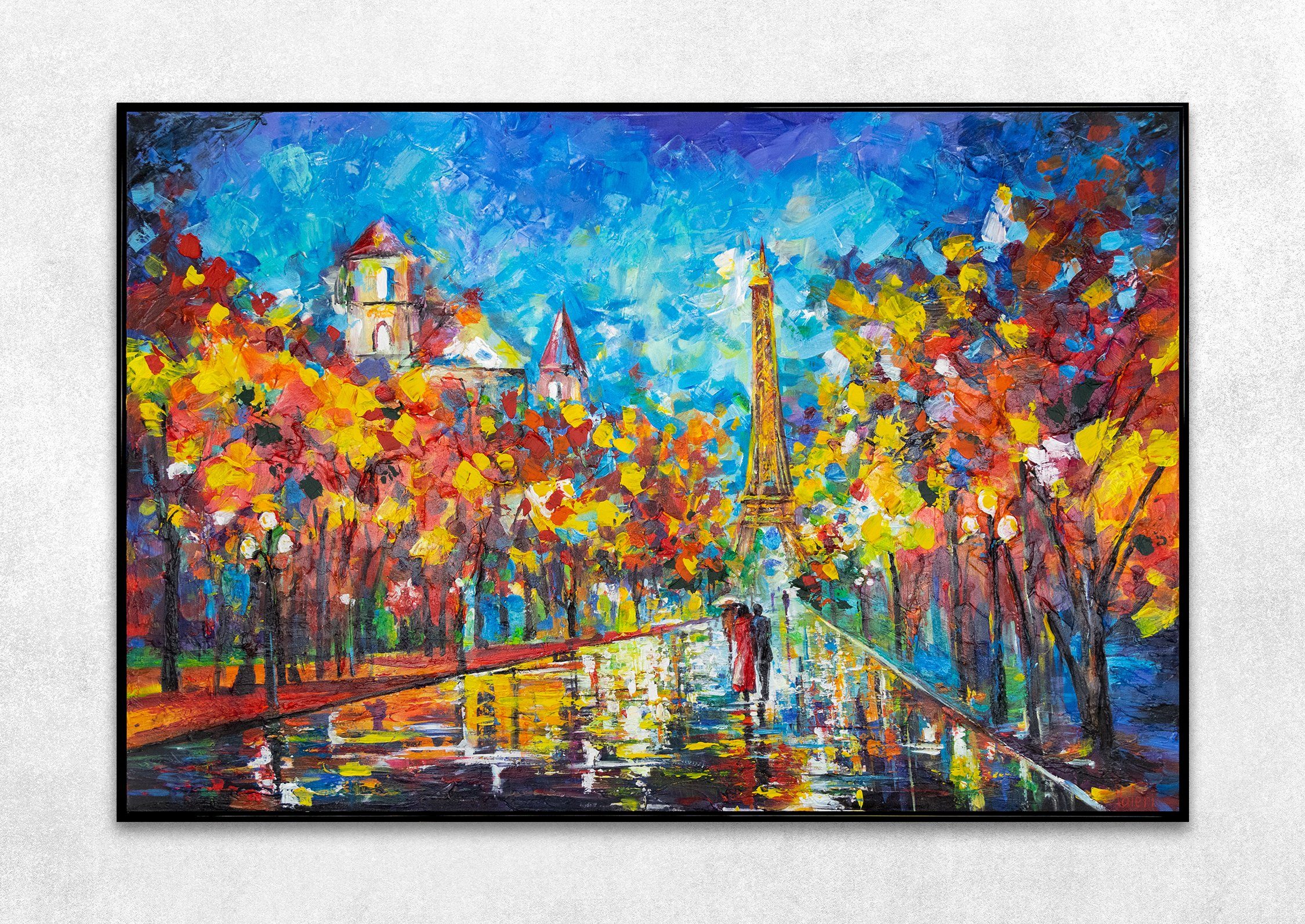 YS-Art Gemälde Nachts in Paris, Menschen, Paris Frankreich im Park Leinwand Bild Handgemalt Eifellturm