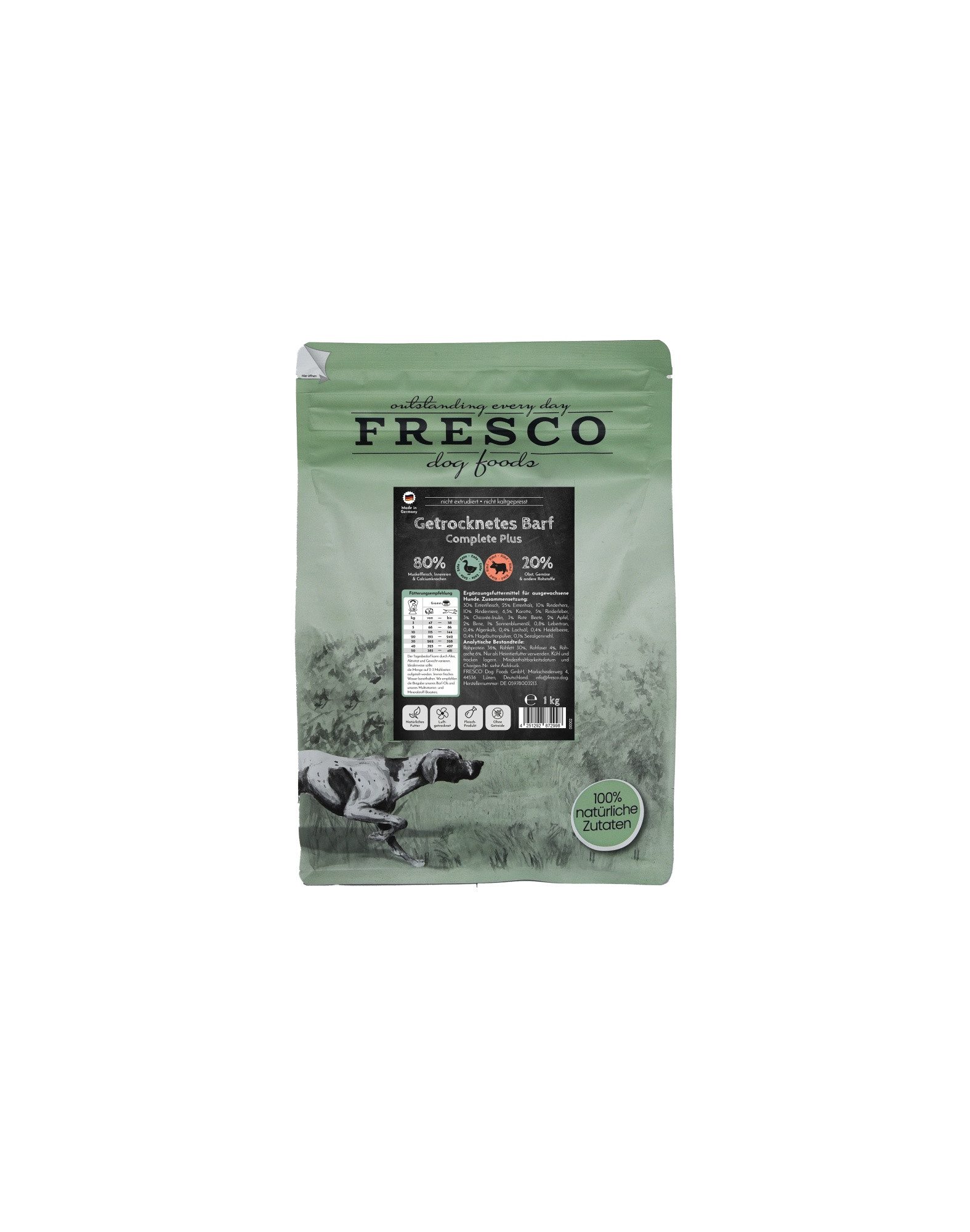 Fresco Dog TrockenBarf Hundefutter Trocken Ente & Rind, 1kg / 2,5kg / 5kg, Trockenfutter für: Hunde, Getreidefrei, 80% Frischfleisch & ohne Zusätze