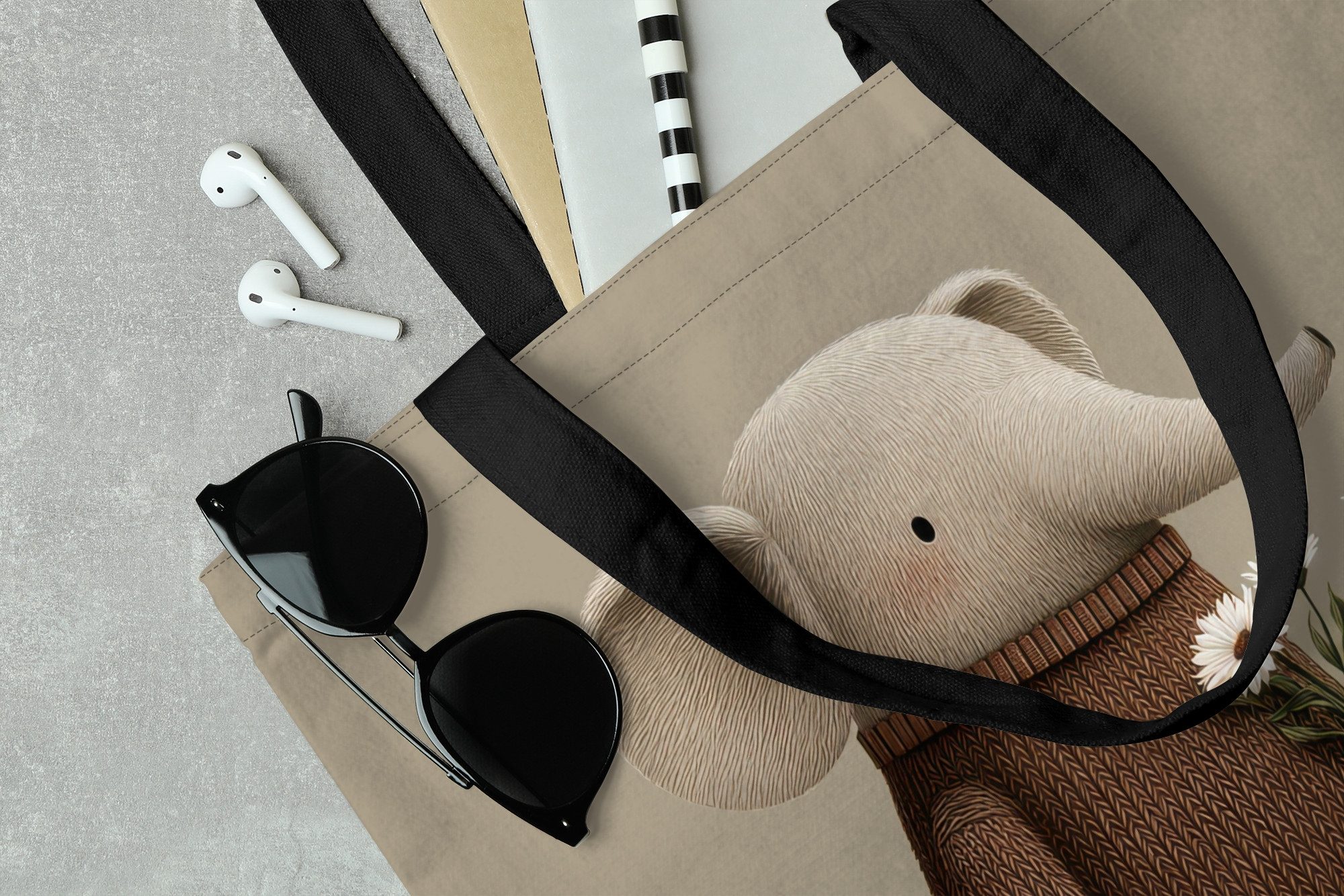 MuchoWow Shopper Elefant - Weiße Blumen - Kinderfreundlich, Handtasche, Damen und Herren, Schultertasche, Umhängetasche, Tote Bag