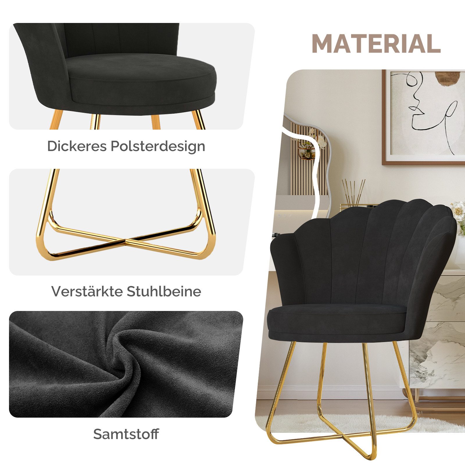 HawthyHome Polsterstuhl Polstersessel mit Blütenblatt-Rückenlehne & Goldene Metallbeine (2 St), ideal für Esszimmer & Schminktisch – Bild 5 von 5