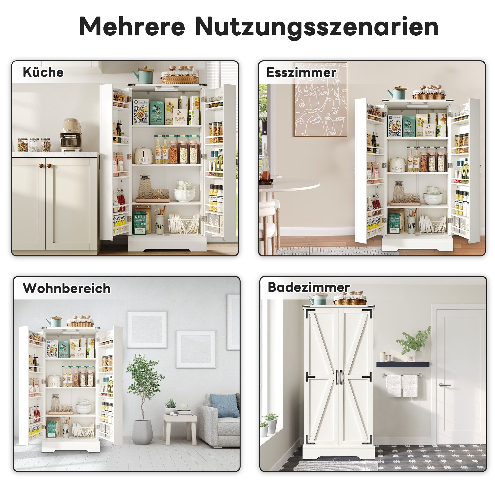 Hochschrank 128,5 cm Küchenschrank LED Speiseschrank Flügeltüren verstellbar Regal