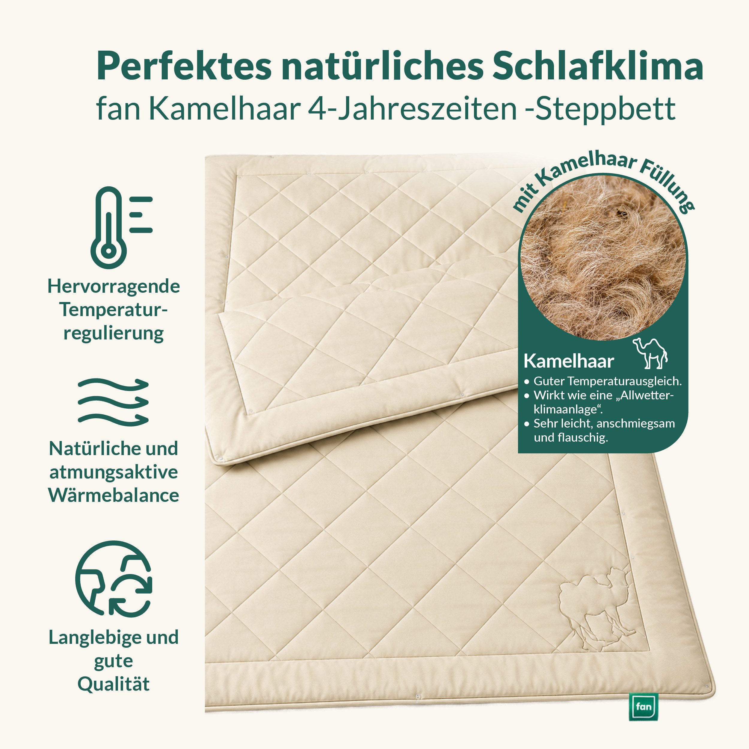 fan Naturhaarbettdecke Gobi, Bettdecken für Sommer und Winter, temperaturausgleichend, Füllung: Kamelhaar, Bezug: Baumwolle, Klimatisierende Kamelhaar-Füllung - Made in Germany