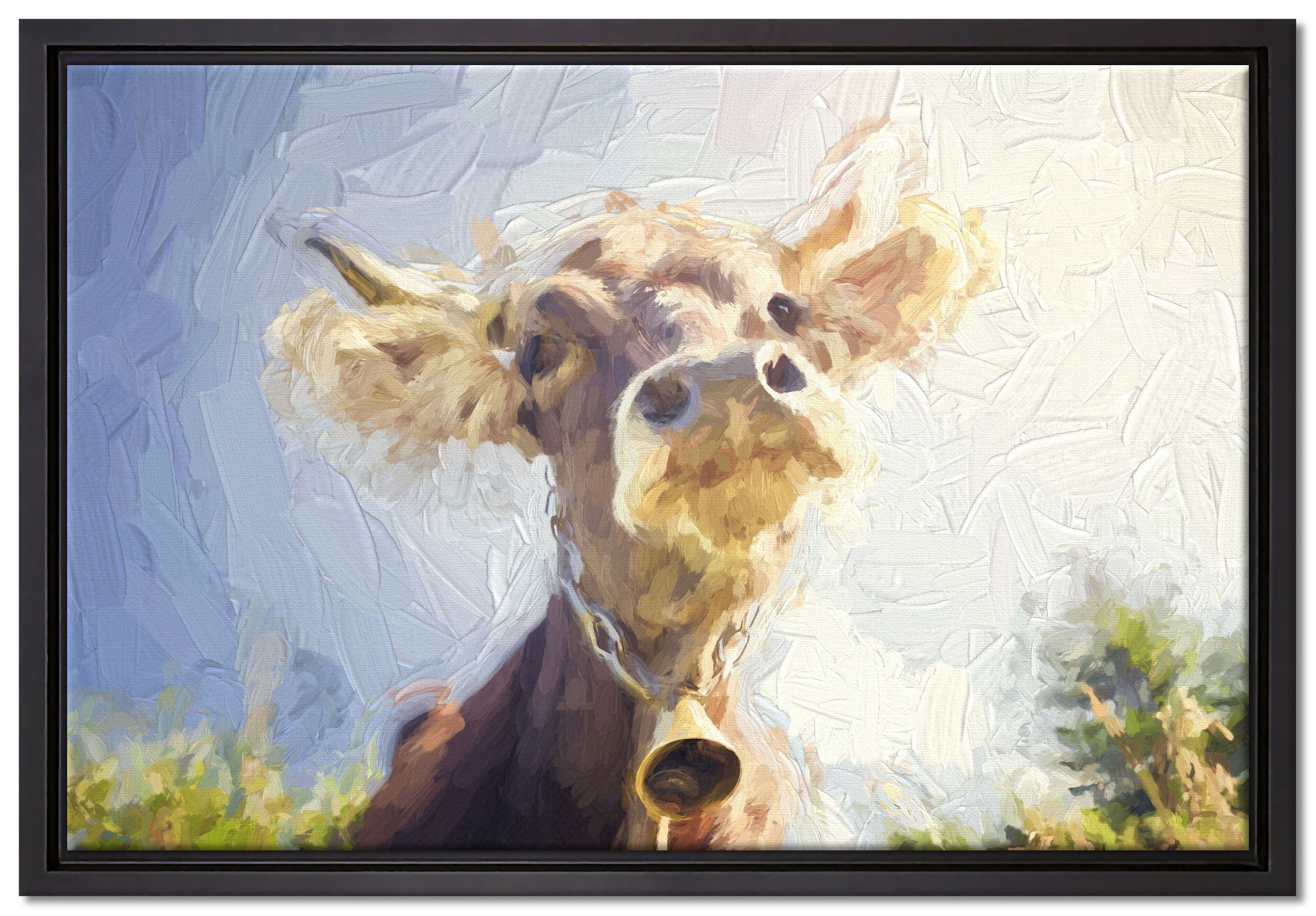 Pixxprint Leinwandbild Portrait einer Kuh, Wanddekoration (1 St), Leinwandbild fertig bespannt, in einem Schattenfugen-Bilderrahmen gefasst, inkl. Zackenaufhänger