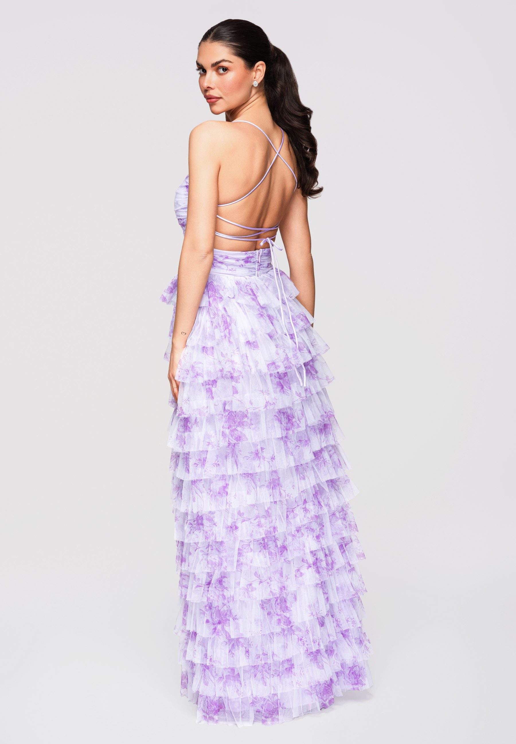 OMBRE Abendkleid Maxikleid Abendkleid Tüll mit Schnürung Violett L (kein Set, 1-tlg) Offener Rücken mit gekreuzten Bändern und regulierbarer Schnürung