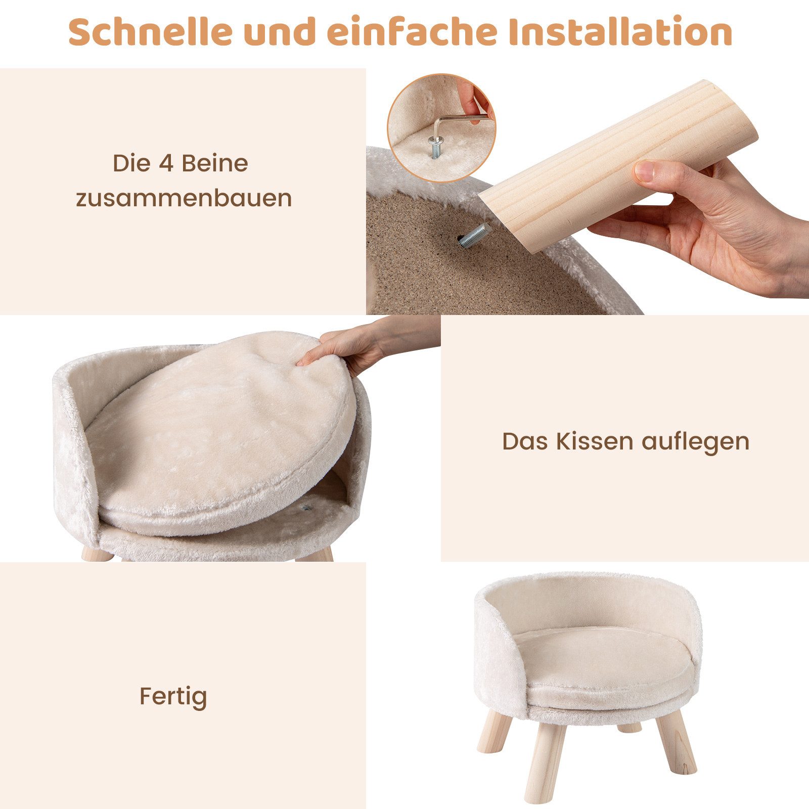 KOMFOTTEU Tiersofa, Katzensofa mit Rückenlehne, Holzbeine & Kissen