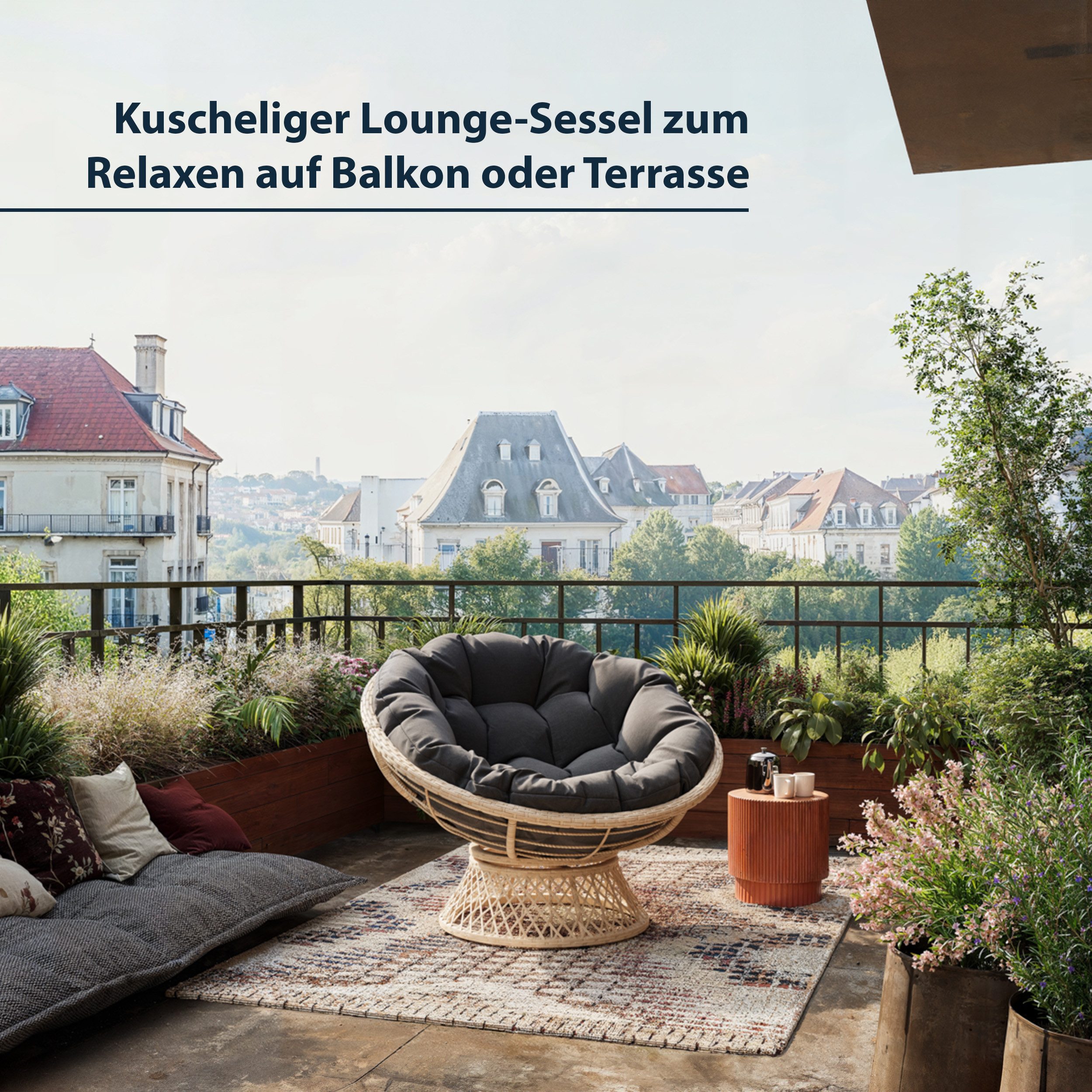 KHG Gartenlounge-Sessel Relax-Sessel Creme mit Polsterkissen Anthrazit, bis 120 kg belastbar (Lounge Sessel Rund, 1-St), Gepolstert