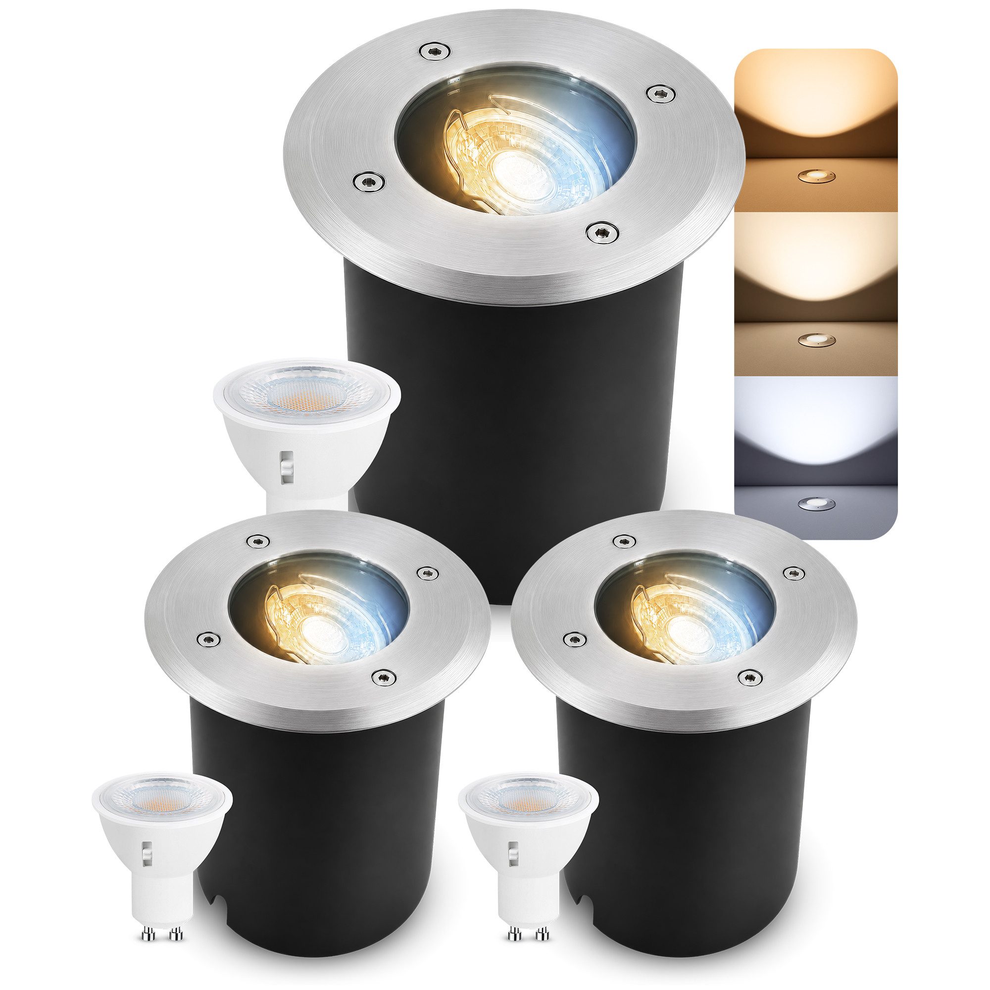 SSC-LUXon LED Gartenstrahler JUAVI LED Bodeneinbaustrahler silber mit GU10 5W drei Lichtmodi Spot, Neutralweiß, Warmweiß, Tageslichtweiß