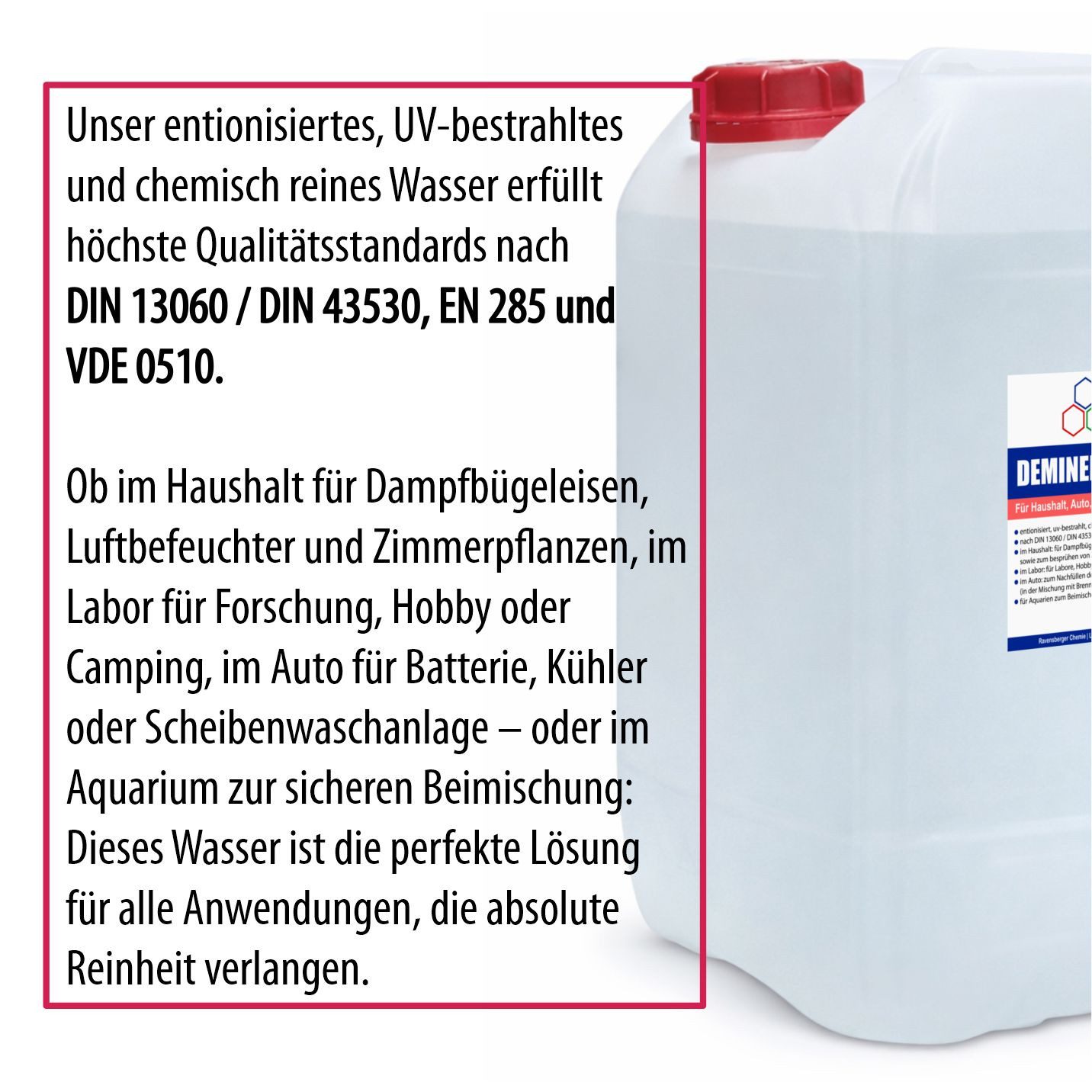 Ravensberger Chemie Bügelwasser VE-Wasser Demineralisiertes Wasser - 20 L, 20 Liter Kanister von Ravensberger Chemie - demineralisiert & entionisiert, kalkfrei für Auto, Batterie, Haushalt, Dampfbügeleisen und Labor