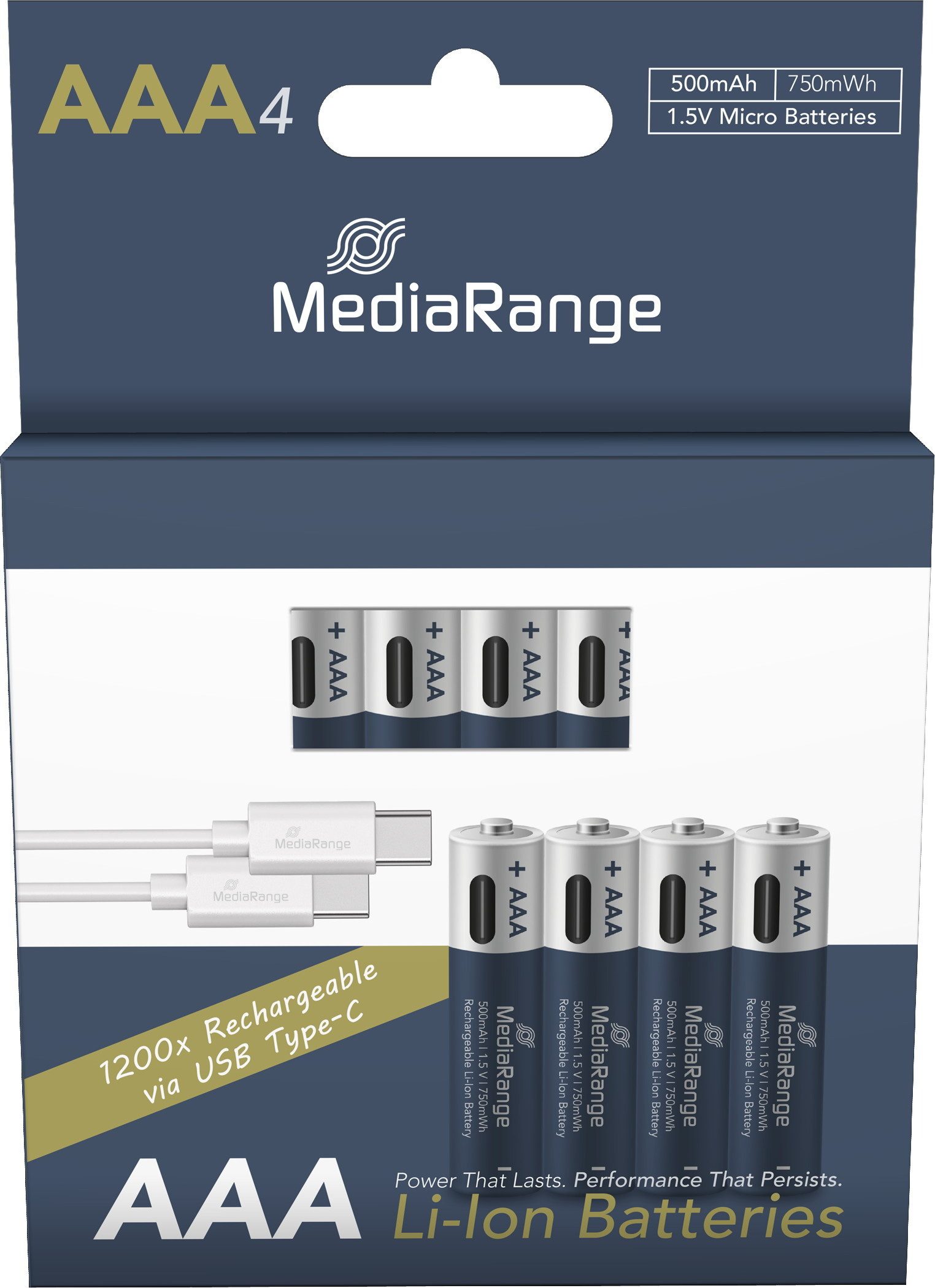 Mediarange 4 Akku AAA mit USB-C Anschluss Li-Ion Micro 1.5V 500mAh Ladekabel Akkupacks – Bild 2 von 5