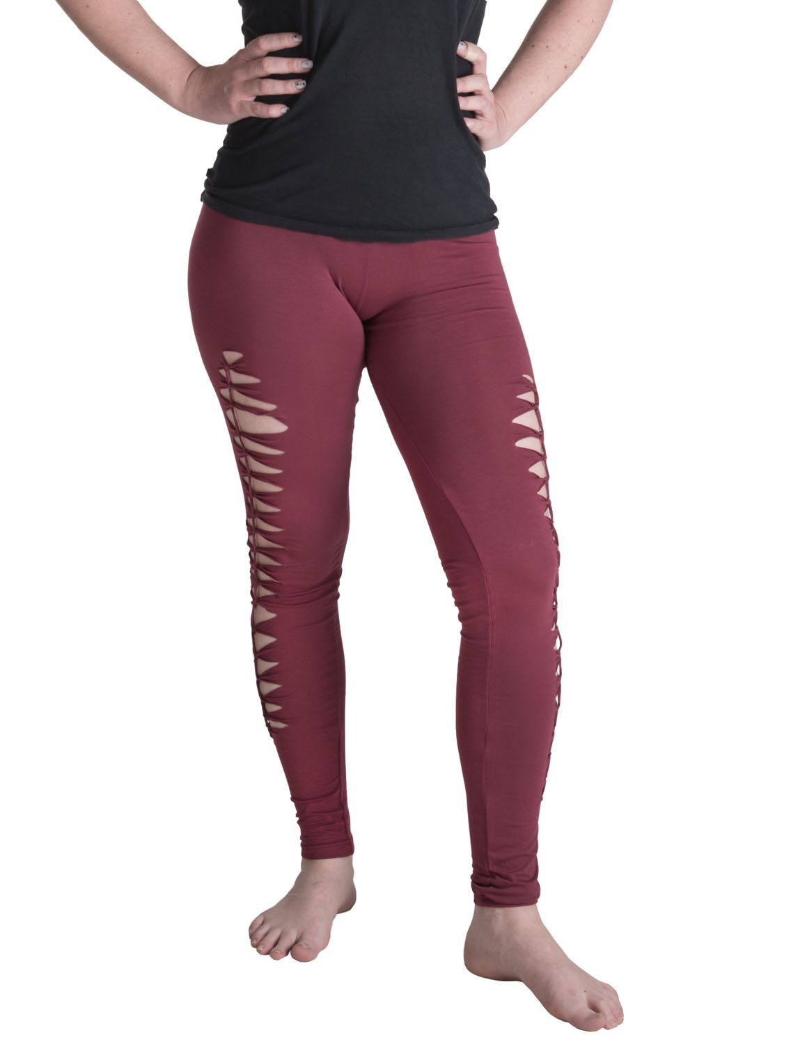 Vishes Leggings Geknüpfte Cutwork Leggings aus Baumwolle mit Streifen Goa, Yoga, Ethno Style dunkelrot