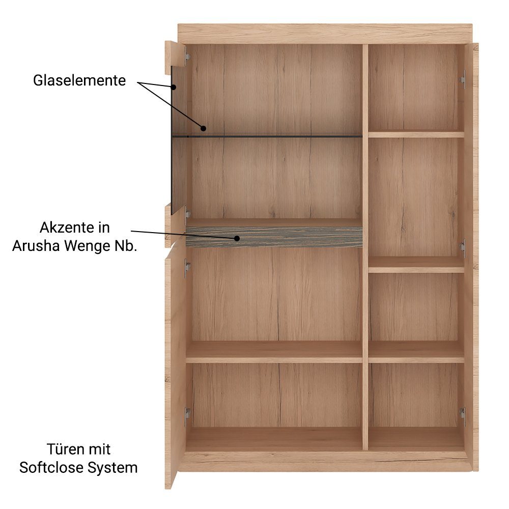 Lomadox Vitrine Nb., Softclose, Einlegeböden hell Glaseinsatz, San Tür Eiche Remo SANFORD-129 mit