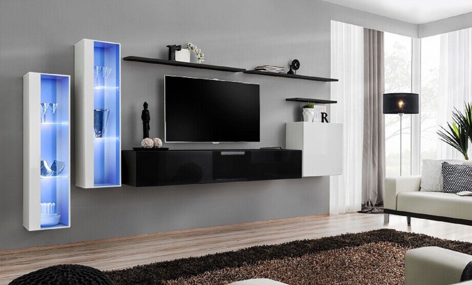 JVmoebel Wohnzimmer-Set Wohnzimmer Schwarz TV (8-St., 3x in Luxus 3x Wohnwand Made + TV-Ständer, 1x Wohnwände Europa Set Ständer + Wandschrank 1x Vitrine Wandschrank Wandregal), 