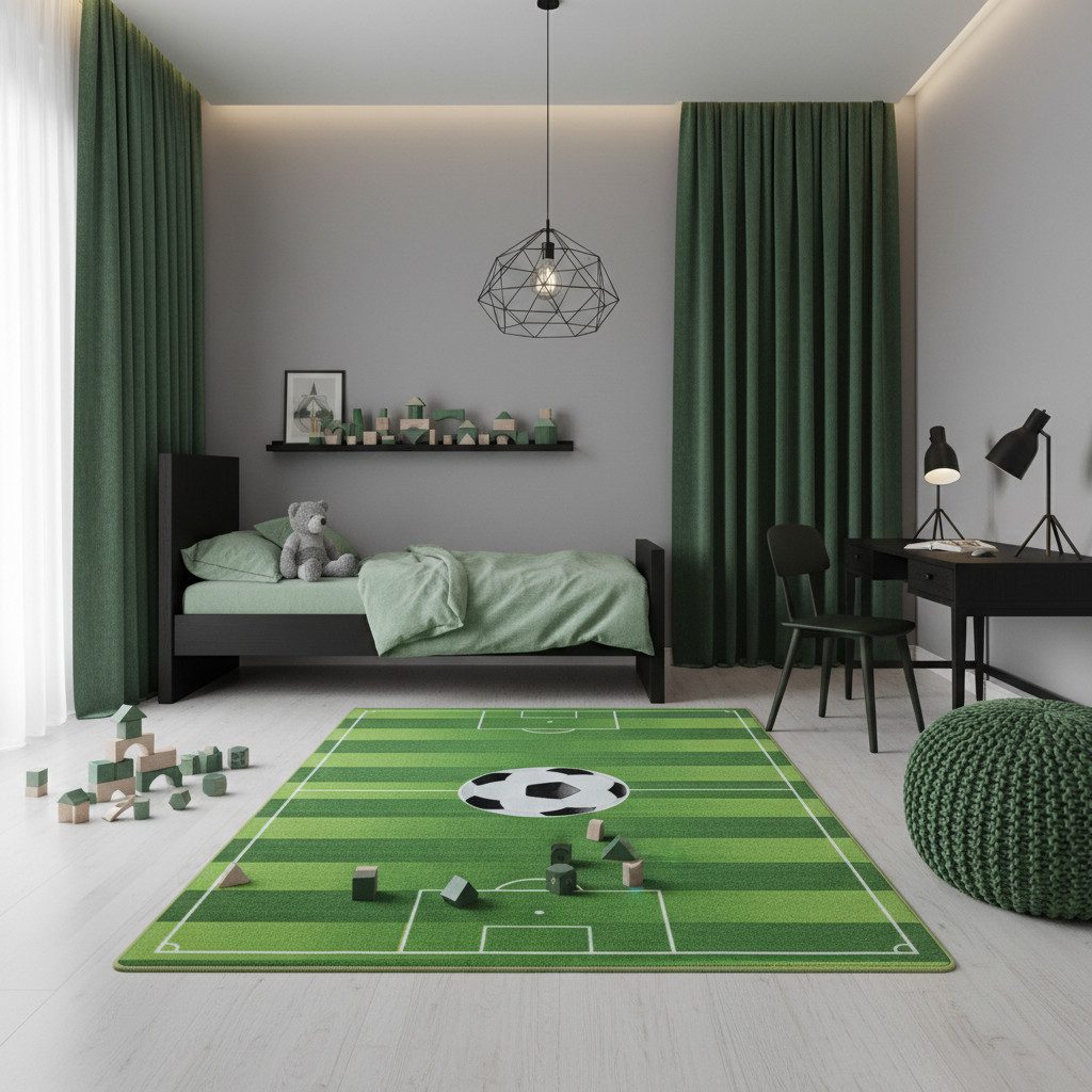 KADIMA DESIGN Kinderteppich TRAUN Spielteppich Kinderzimmer Waschbar Webteppich Rutschfest, Rechteckig, Höhe: 8 mm, 80x120 cm, Strapazierfähig Fußbodenheizung Fußballfeld Waschbar