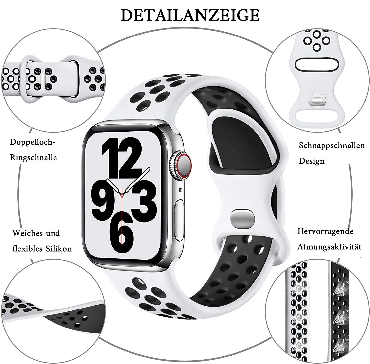 GelldG Smartwatch-Armband Sport Atmungsaktiv mit Armband Silikon Armband weiß+schwarz Kompatibel Apple Watch
