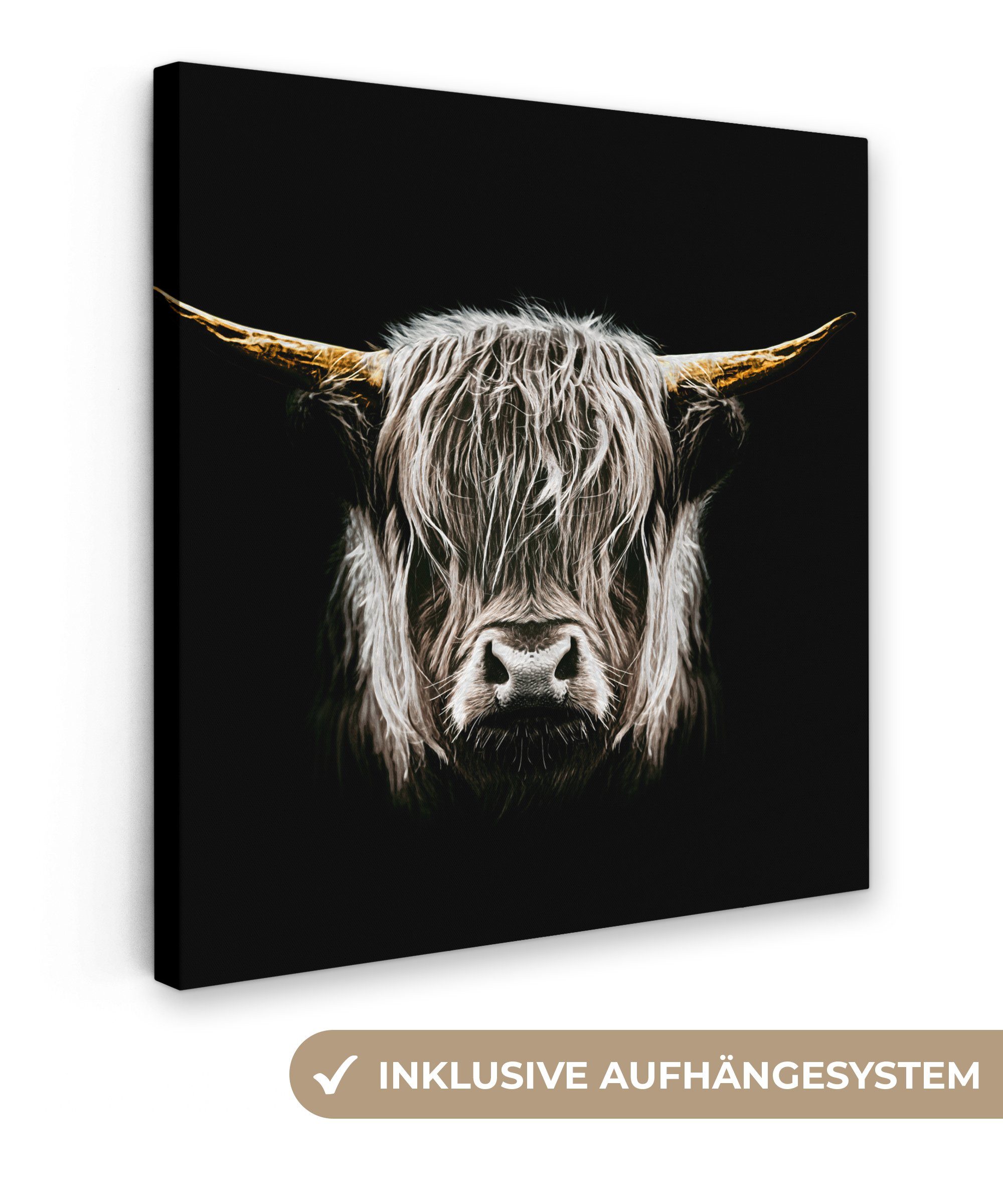 OneMillionCanvasses® Leinwandbild Schottischer Highlander - Schwarz - Weiß - Hörner, (1 St), Leinwand Bilder für Wohnzimmer Schlafzimmer, 20x20 cm