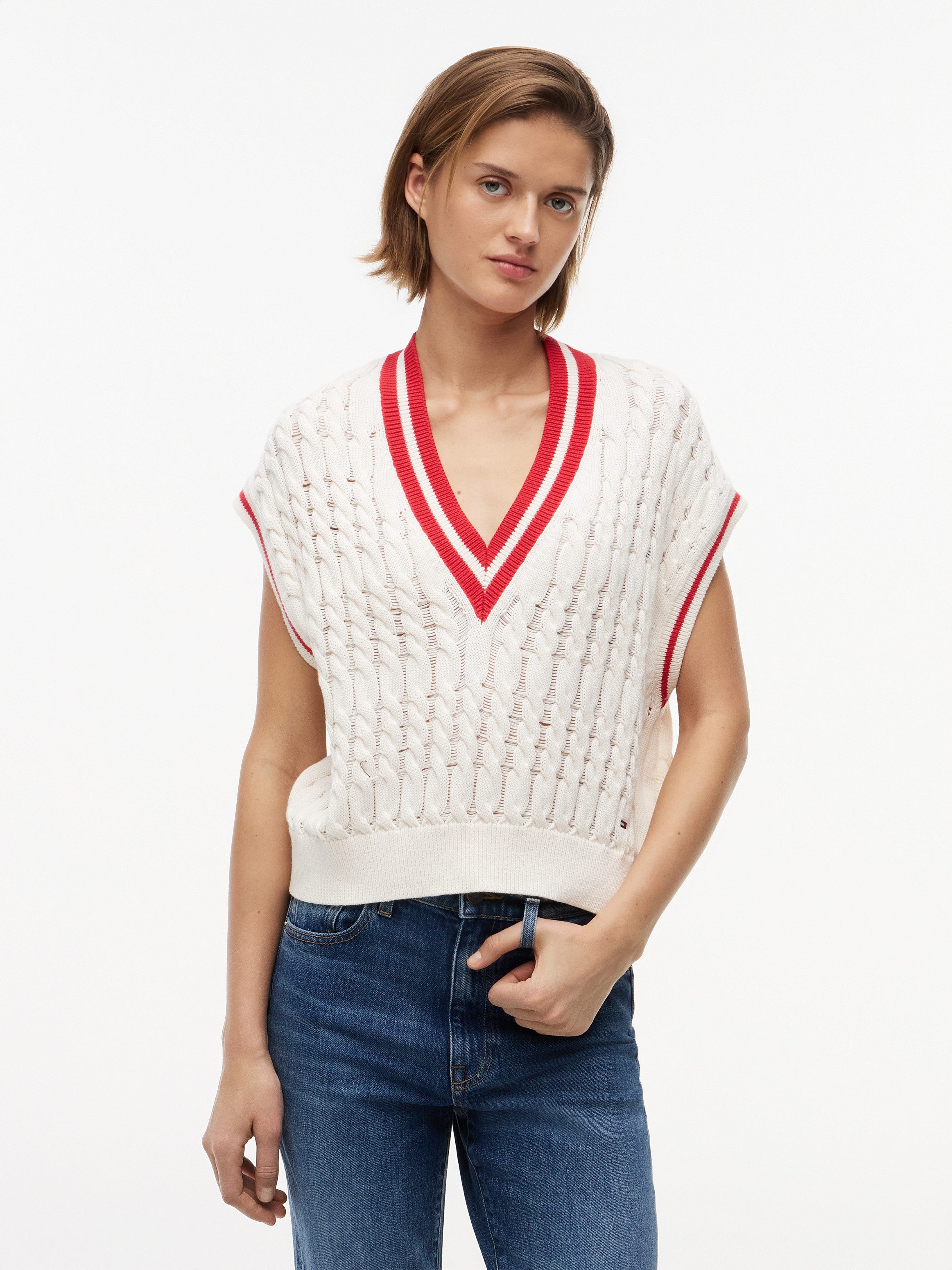 Tommy Jeans Pullunder TJW TIPPING V NECK CABLE VEST Baumwolle, mit Zopfmuster