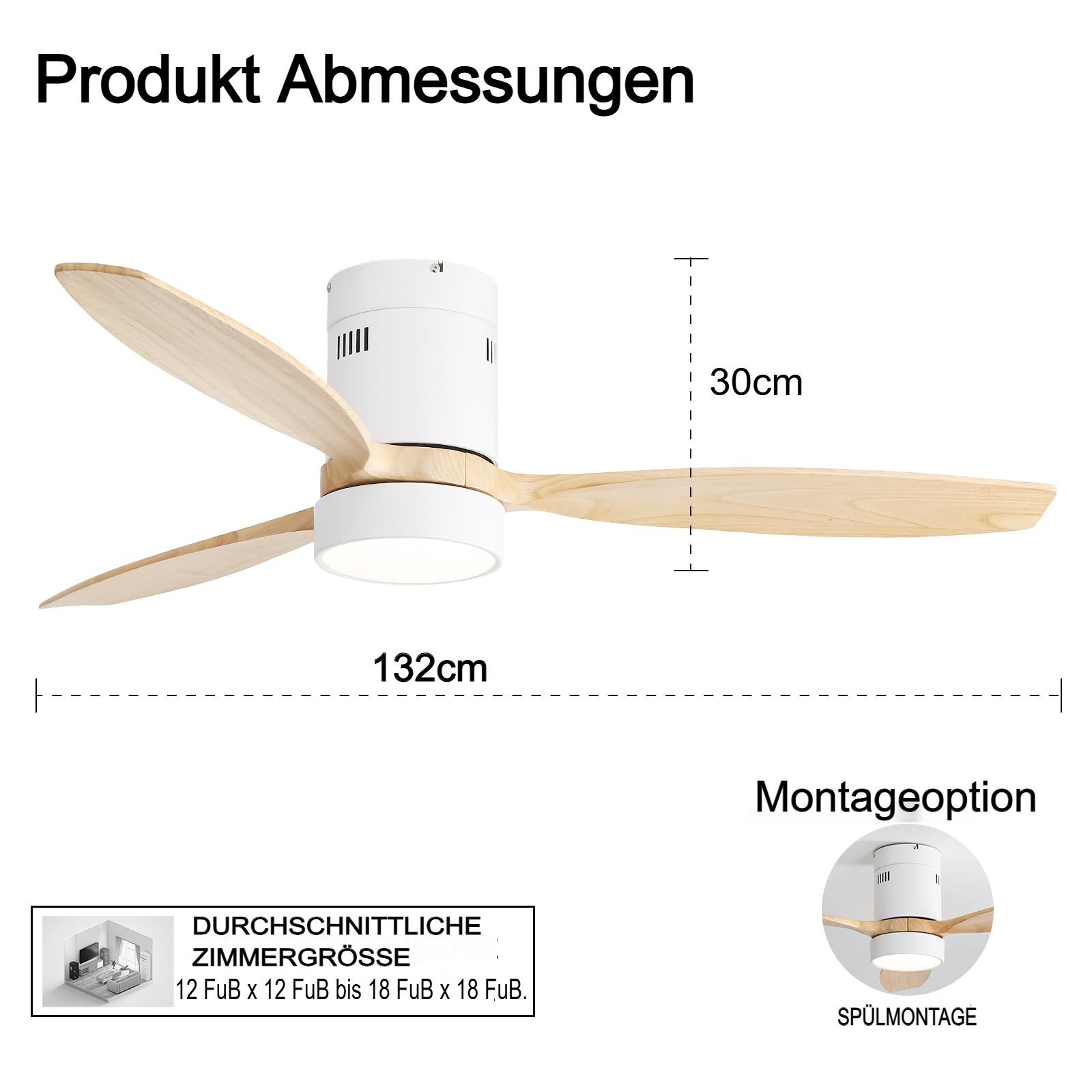 Sofucor Deckenventilator mit Licht, Massivholz Ventilatorflügel, günstig online kaufen