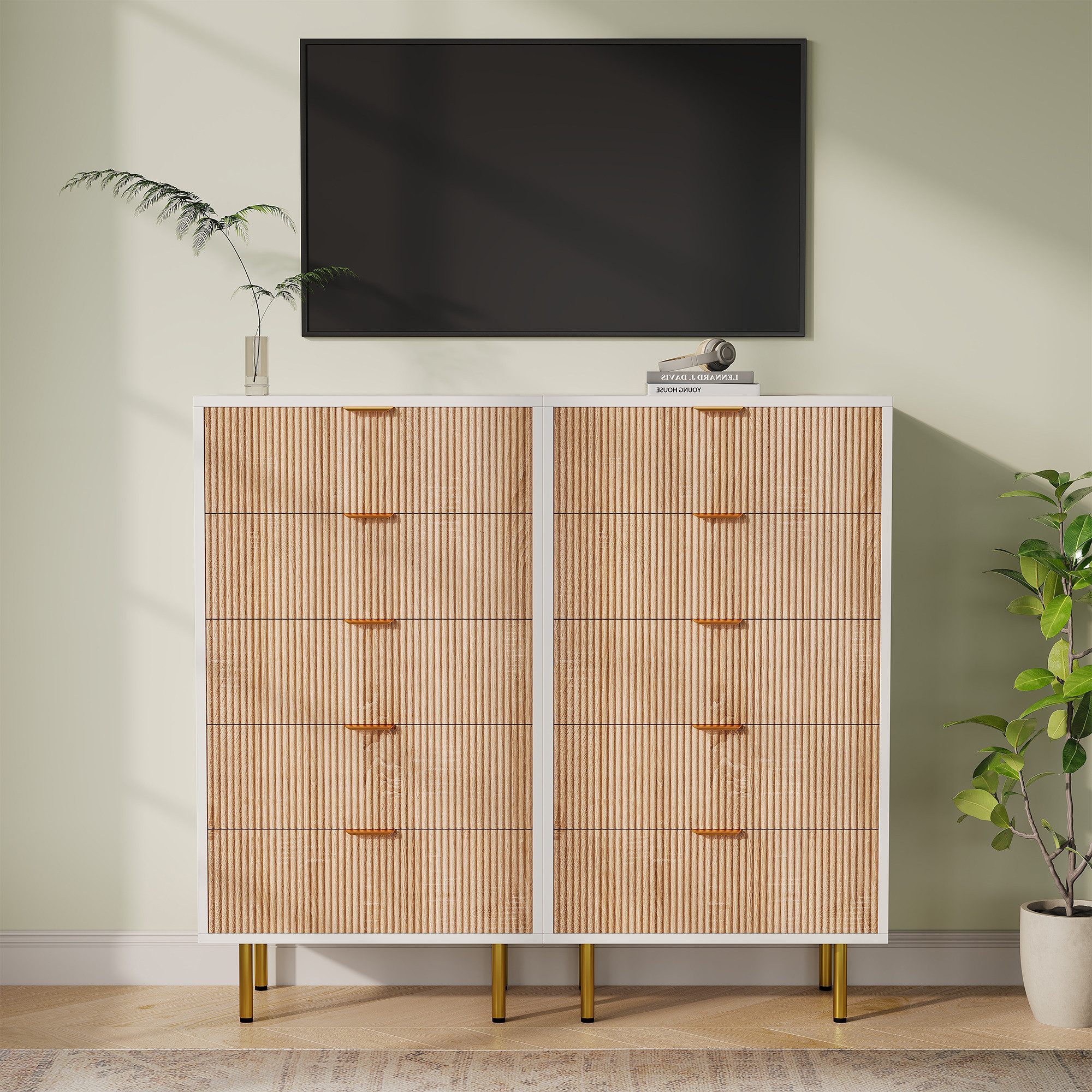 zebery Kommode Sideboard aus Holz, Metallbeine (Set, 1 St., Modern Highboard mit 5 Stauraum Schubladen, Metallgriff), Schmal Kommode Buffet für Schlafzimmer, Wohnzimmer, Flur