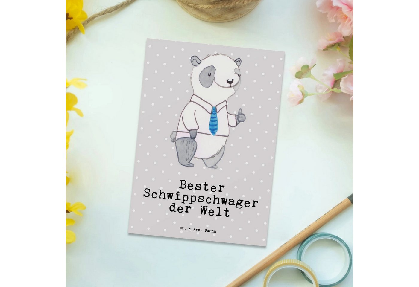 Thumbnail - Mr. & Mrs. Panda Postkarte Panda Bester Schwippschwager der Welt - Grau Pastell - Geschenk, Gebu, Liebevolles Design