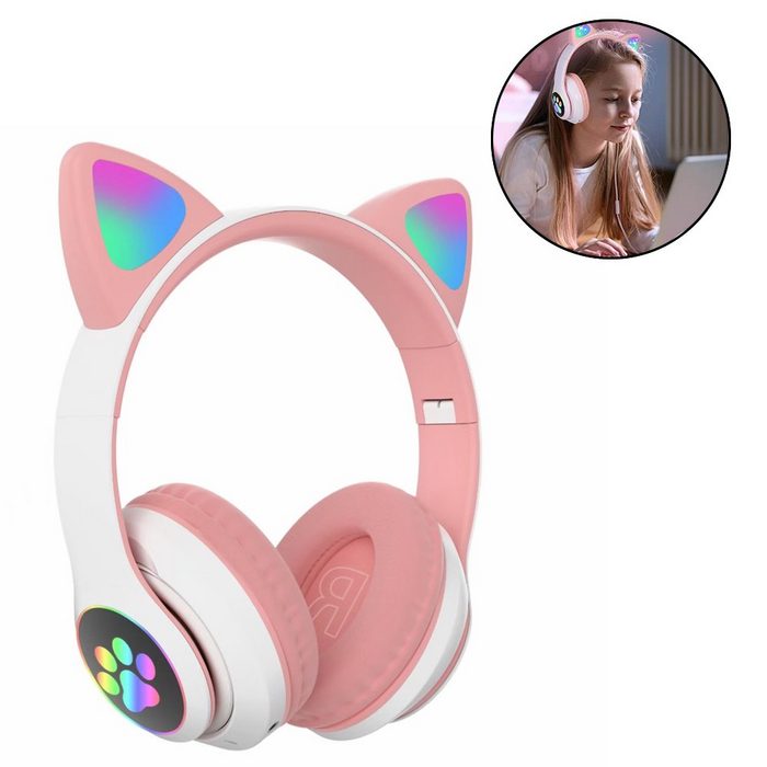 Mmgoqqt Kinderkopfhörer Bluetooth Katzenohr Kopfhörer Over-Ear mit LED-licht Over-Ear-Kopfhörer