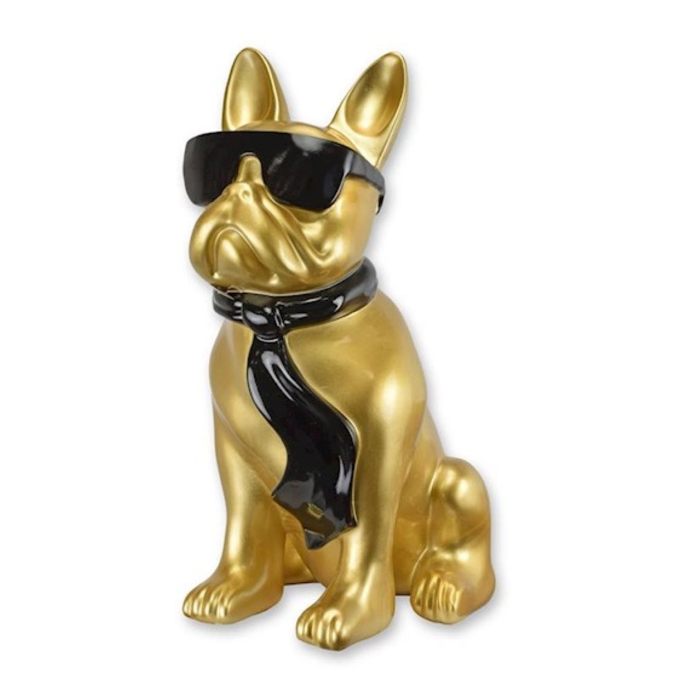 Dekofigur Statue Hund Bulldogge mit Sonnenbrille und Krawatte 59,7cm gold