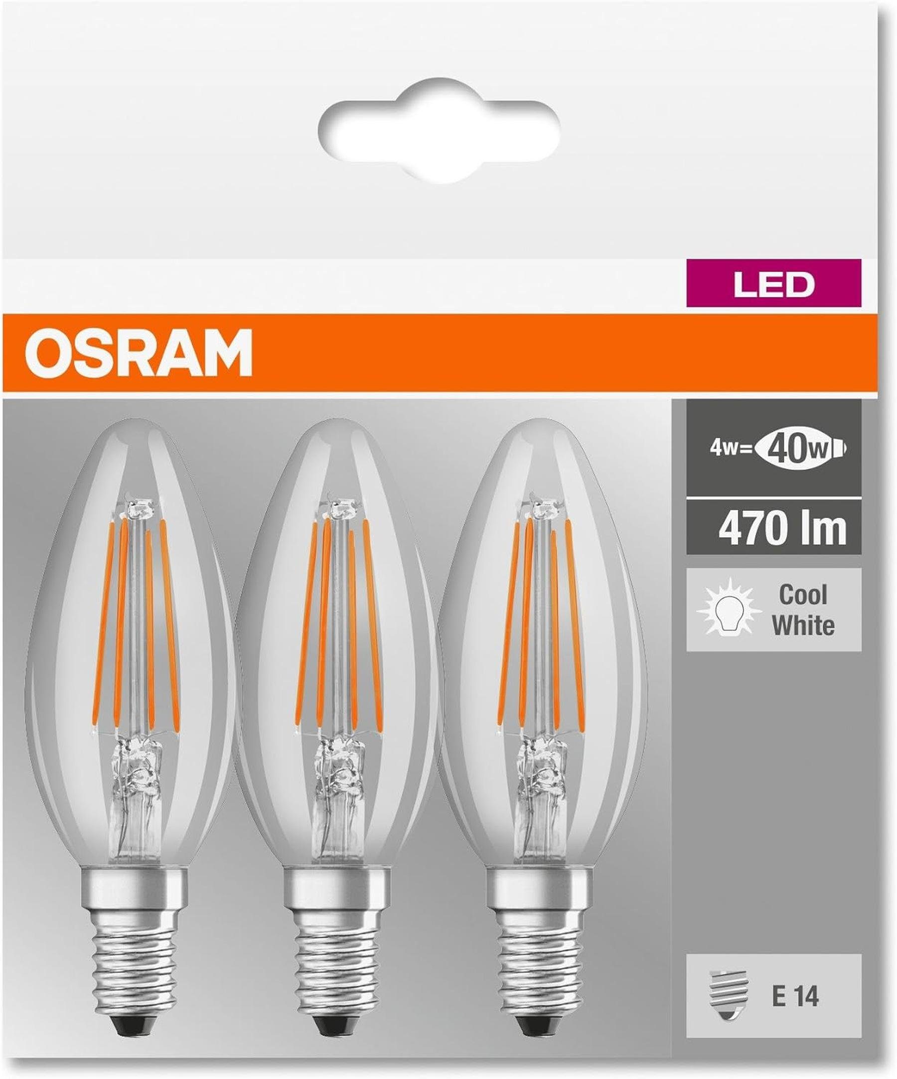 E14, kaltweiss, Osram-LED-Base-Classic-B-Lampe-, 4000 3er-Pack Kerzenform Kelvin Osram 40 LED-Leuchtmittel Watt