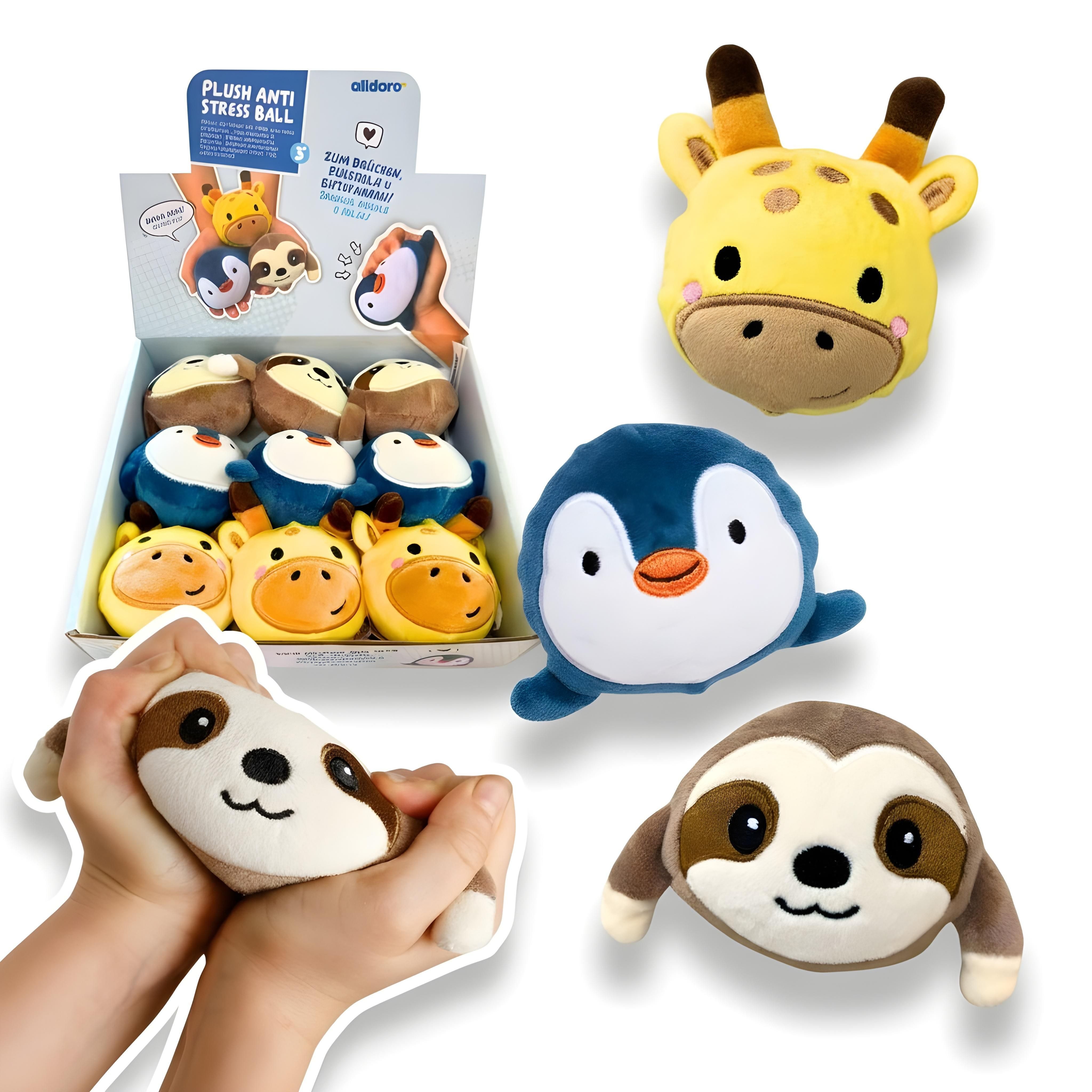 alldoro Plüschfigur 9er Set Plüsch Anti-Stress Bälle, Faultier, Pinguin & Giraffe, kuschelweiche Knautschbälle für Kinder, zum Drücken & Entspannen