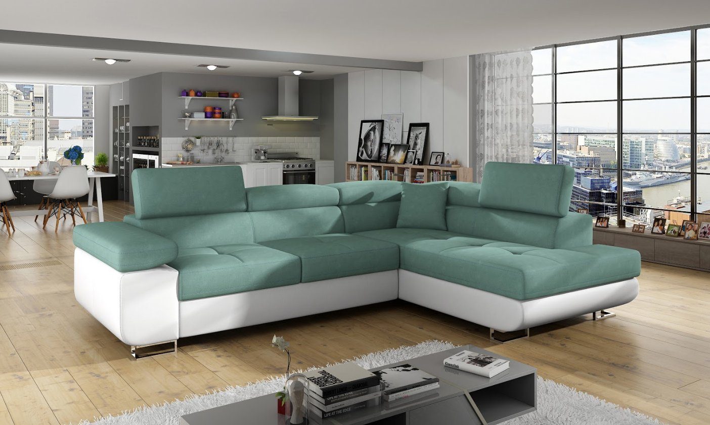JVmoebel Ecksofa, Klassisch Design Ecksofa Sofa Couchen Bettfunktion Couch Polster Grün/Weiß