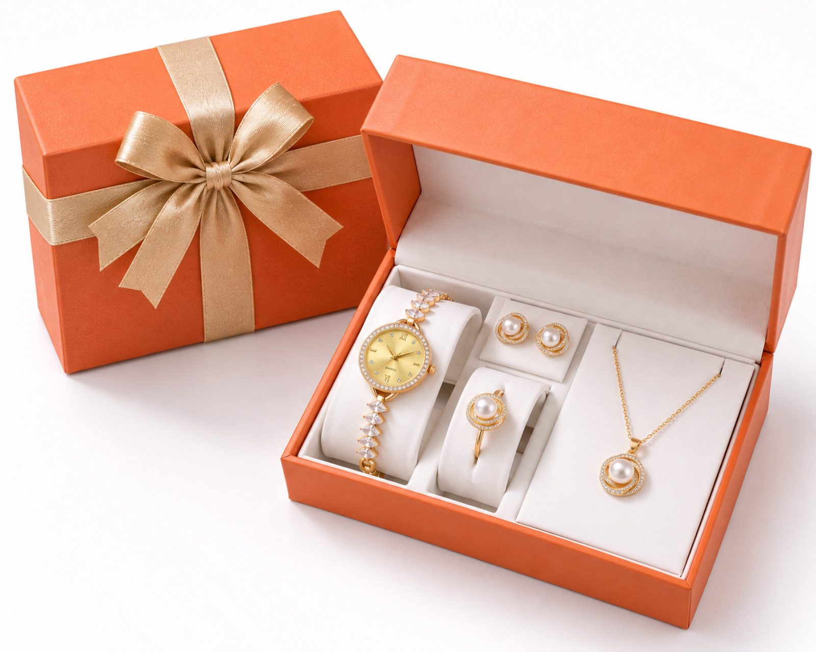 Fyrove Quarzuhr Damenuhr mit Schmuck Set für Frauen, Quarz Armbanduhr mit, (Halskette, Ohrringen, Ring, Bandkürzer & Geschenkbox, Elegantes Geschenk für Damen, Geburtstagsgeschenk Weihnachtsgeschenk für Frau Mama Freundin, 4-tlg., Damen Geschenkset, Weihnachtsgeschenk für Frauen, Geschenk für Frauen)