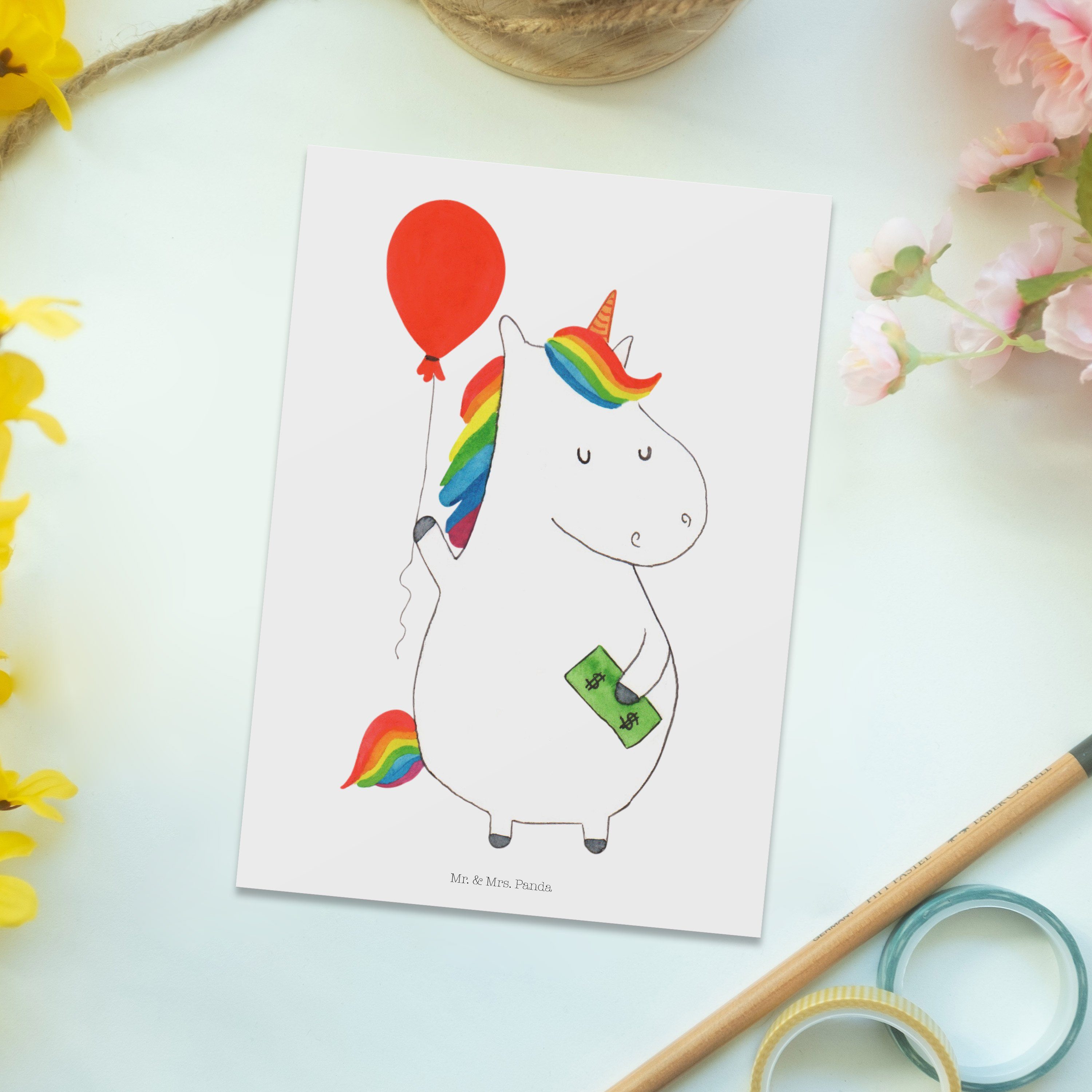 Mr. & Mrs. Panda Postkarte Weiß - - Einhorn Einladung, Geschenk, Unicorn, Grußkarte Luftballon