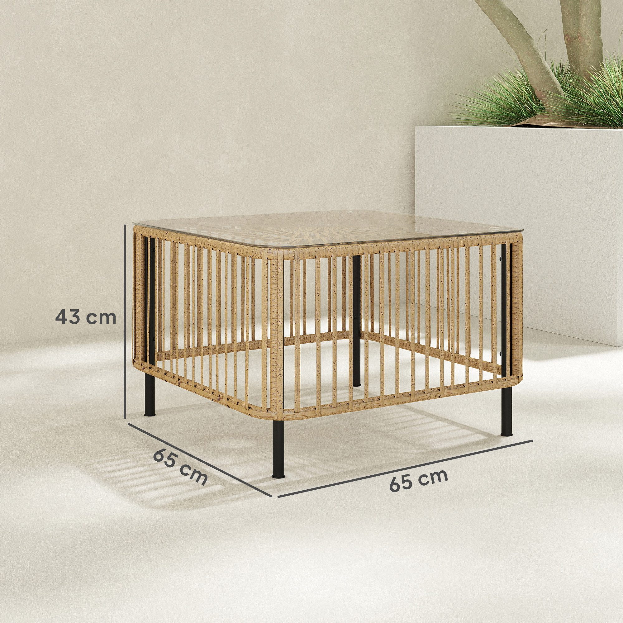 Outsunny Gartentisch aus Polyrattan, mit Glasplatte (quadrarischer Terrassentisch, 1-St., wetterfest Beistelltisch), 65 x 65 x 43 cm, für Garten, Terrasse, Balkon Naturholz