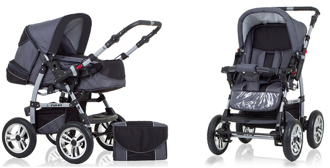 babies-on-wheels Kombi-Kinderwagen 3 in 1 inkl. Kinderwagen-Set - in Flash Grau-Schwarz 15 Farben Teile Autositz - 18
