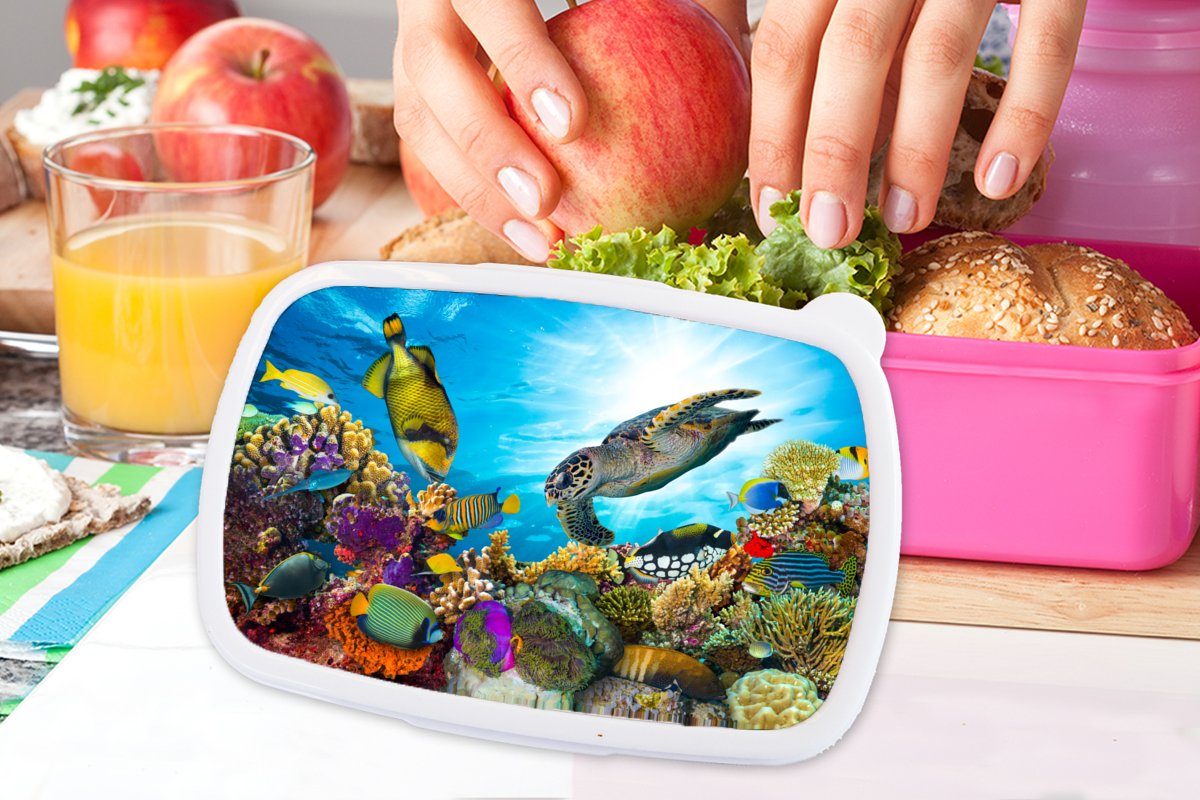 Meer rosa Lunchbox - Schildkröte Snackbox, Brotbox MuchoWow (2-tlg), Koralle, - Brotdose Kinder, für Mädchen, Kunststoff Erwachsene, Kunststoff,
