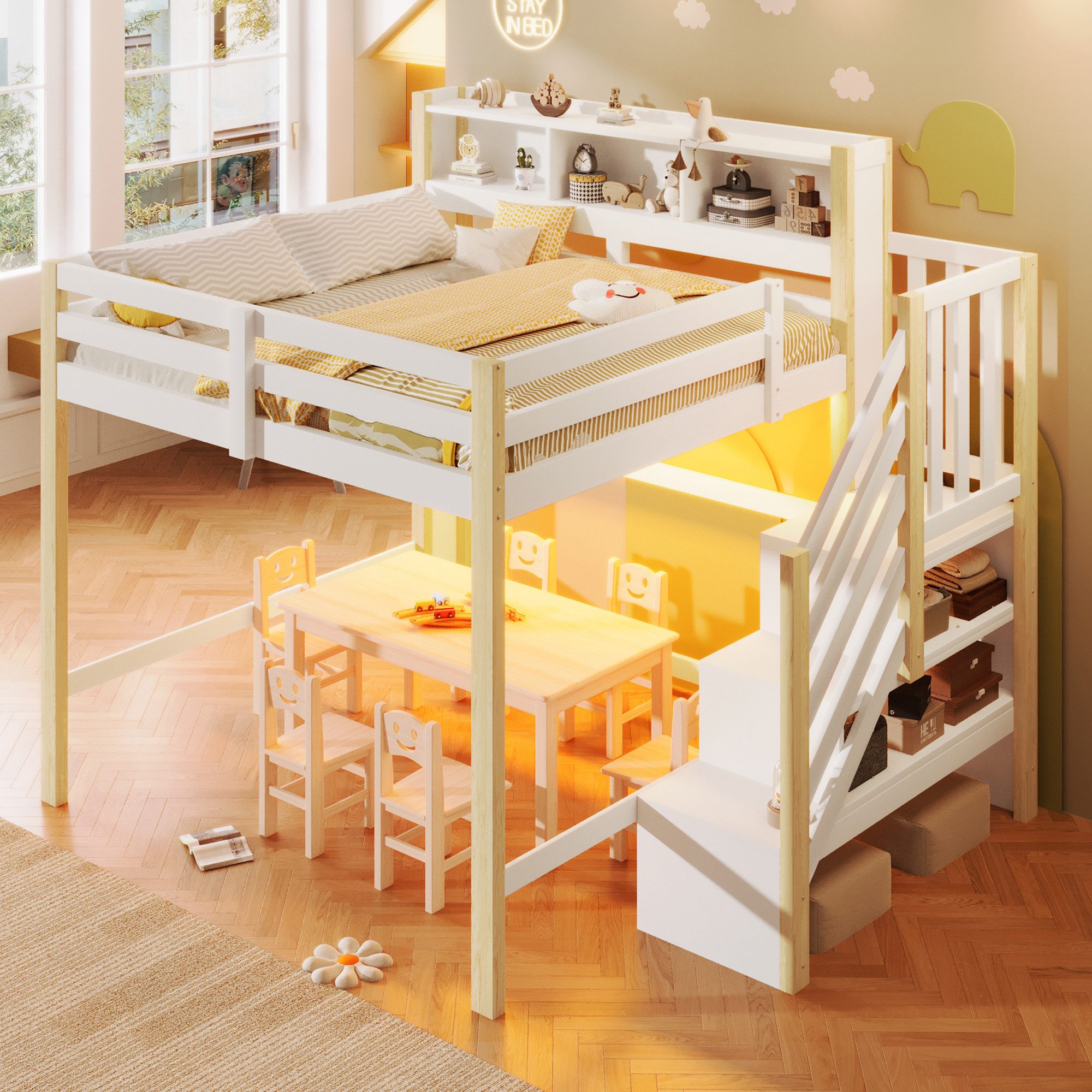 Merax Hochbett mit LED-Beleuchtung (1-St., Massivholz Jugendbett Einzelbett) Kinderbett 140x200cm mit Stauraumtreppe, Lagerregalen & Staufächern