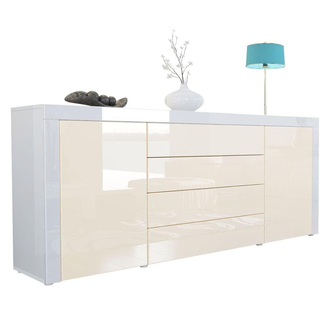 Vladon Sideboard La Paz V1 (Kommode, mit 2 Türen und 4 Выдвижные ящики), Creme Hochglanz / Weiß Hochglanz (167 x 72 x 35)