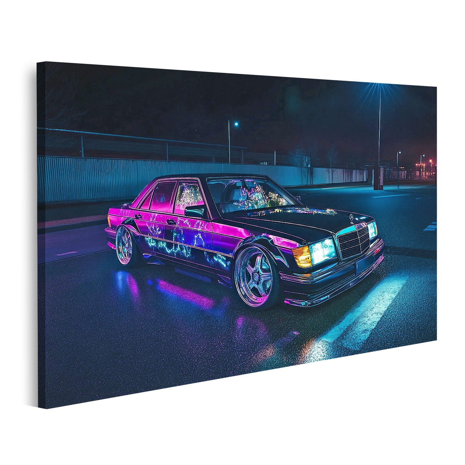 islandburner Leinwandbild, Neonlichter auf klassischem Mercedes bei Nacht günstig online kaufen