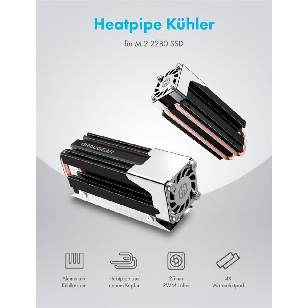 GRAUGEAR Computer-Kühler Heatpipe Kühler für M.2 2280 SSD, Kühlkörper für M.2 SSD, SSD mit PWM Lüfter, regelbar, schwarz