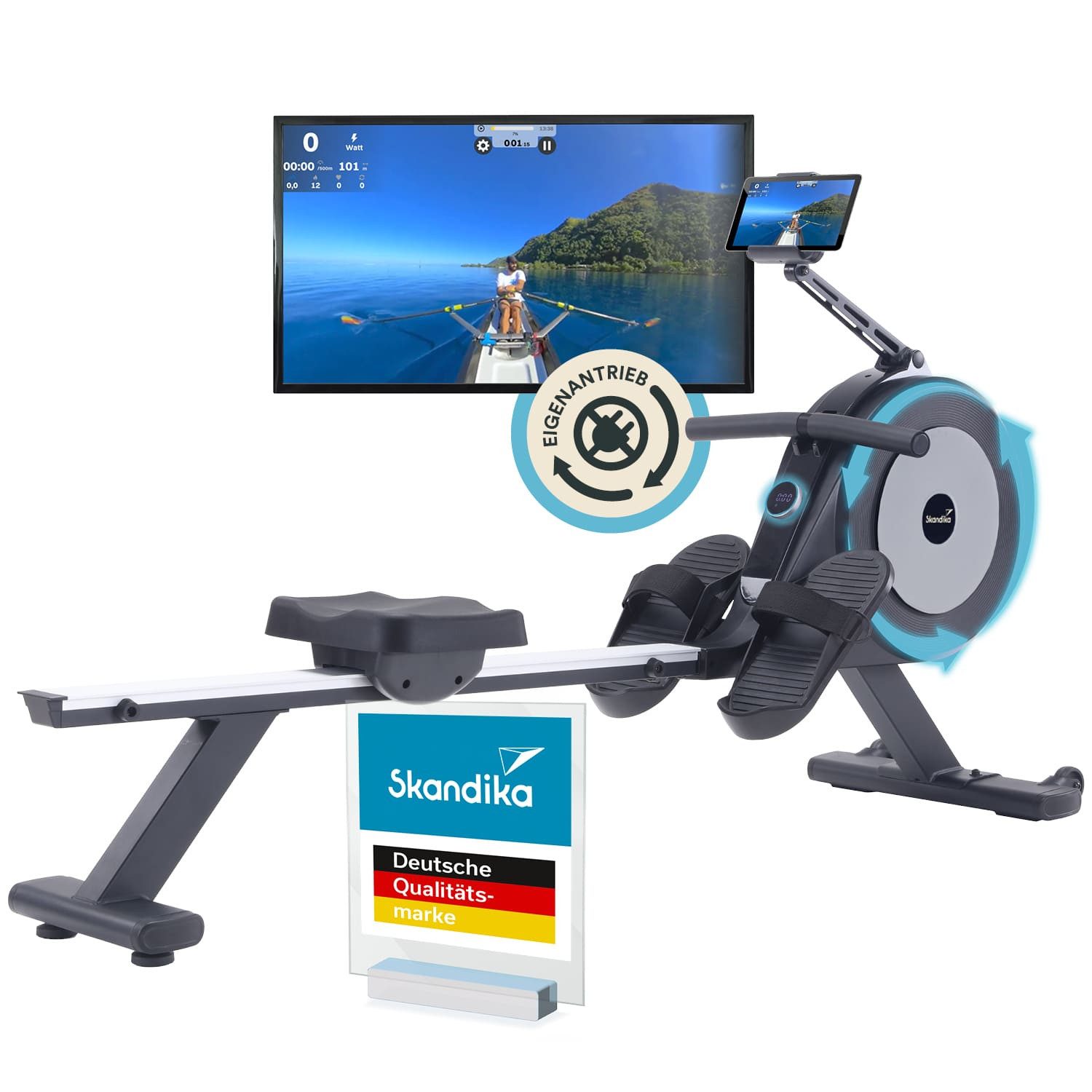 Skandika Rudergerät mit Generator für zuhause Njord P6-G, Kinomap App kompatibel, 32 elektrische Widerstandsstufen, bis 200 cm und 135 kg, Gewicht 28 kg