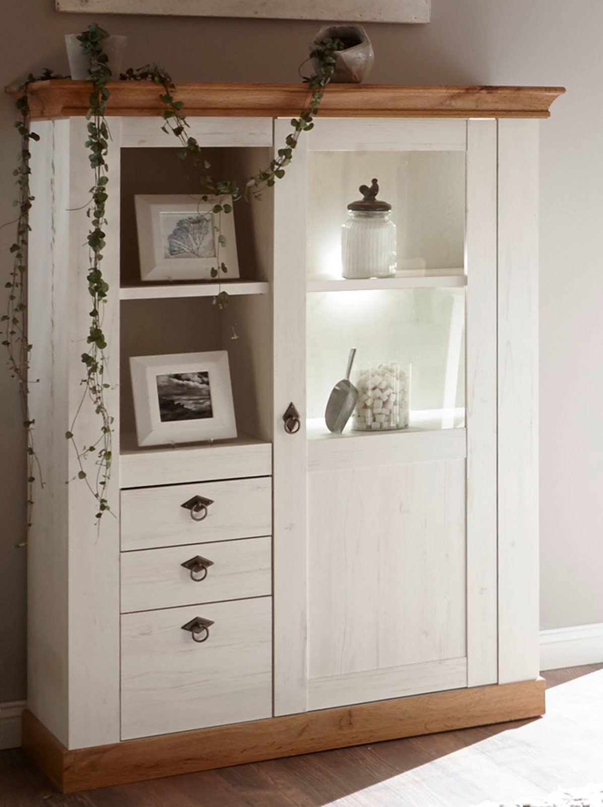 Landhausstil cm) x 102 IMV weiß (Highboard Eiche, mit in Stauraumvitrine 139 Wotan Hemsby Pinie