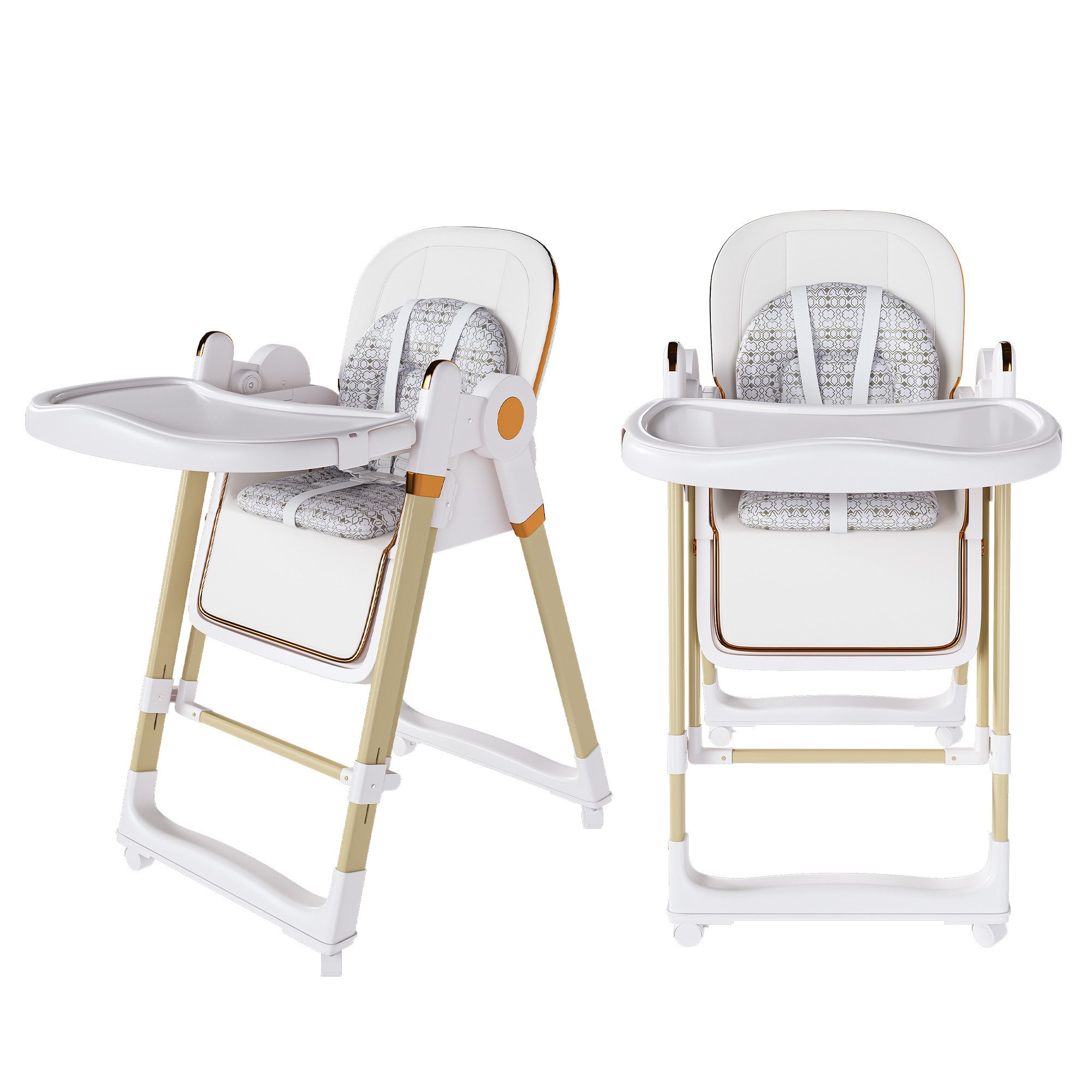 KLAM HOME Kinderklappstuhl 2-in-1 Kinderstuhl mit Wippfunktion, höhenverstellbar & klappbar (Sicherer Kinderstuhl mit 5-Punkt-Gurt & Feststellrädern bis 100kg), Weißer Kinderstuhl mit abnehmbarer Ablage für 6 Monate bis 3 Jahre